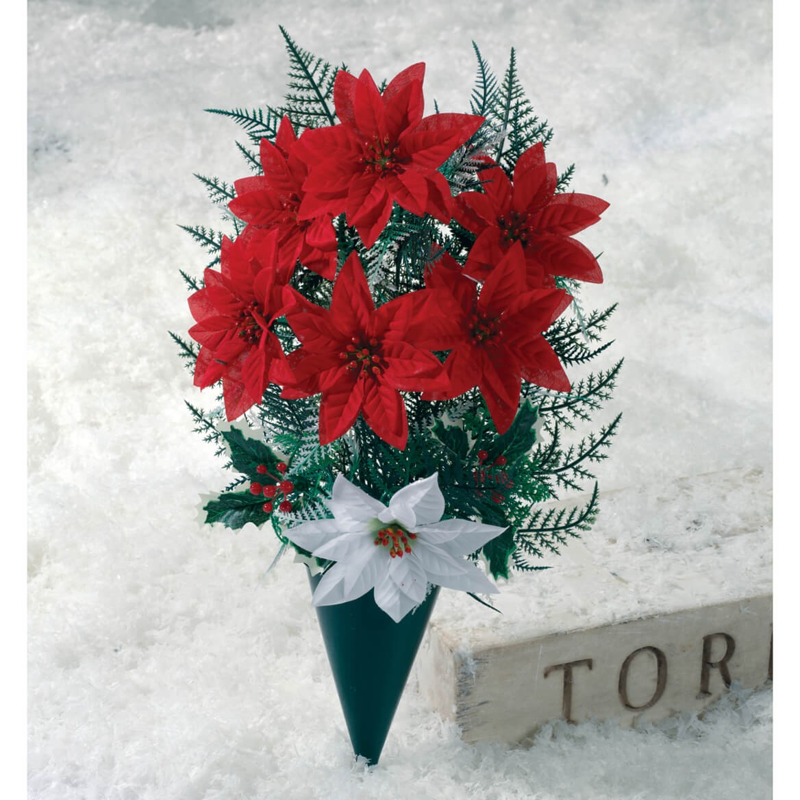 Holiday Memorial, Red Poinsettia Artificial Bouquet, 14” High