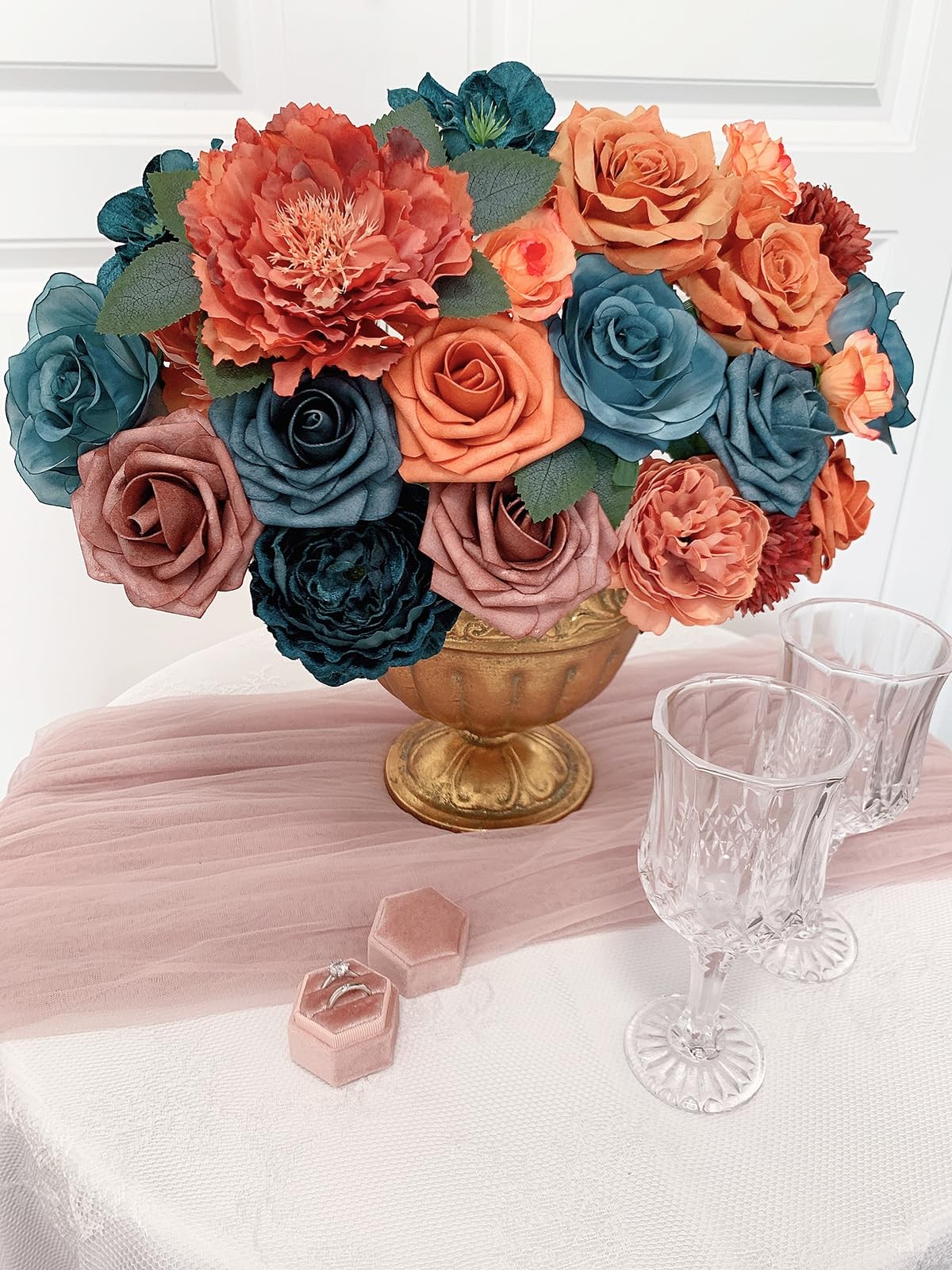 Artificial Roses Bouquet Box Set Fake Flower Wedding Decor Silk Teal Orange