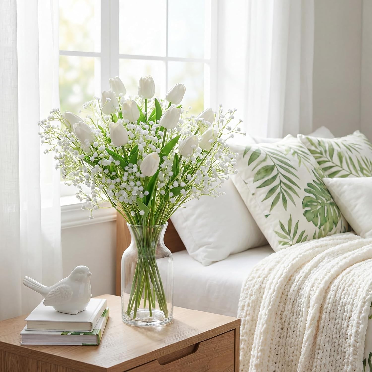 40× White Tulips Artificial Flowers with Baby’s Breath Silk Touch Faux Bouquet