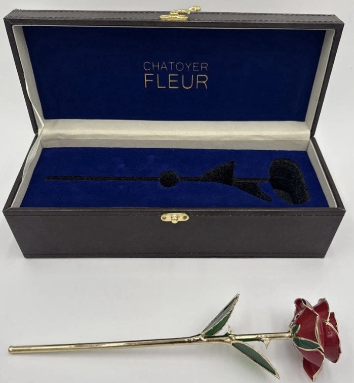 CHATOYER FLEUR Forever Rose 24k Gold Dipped Infinity RED Rose With Case