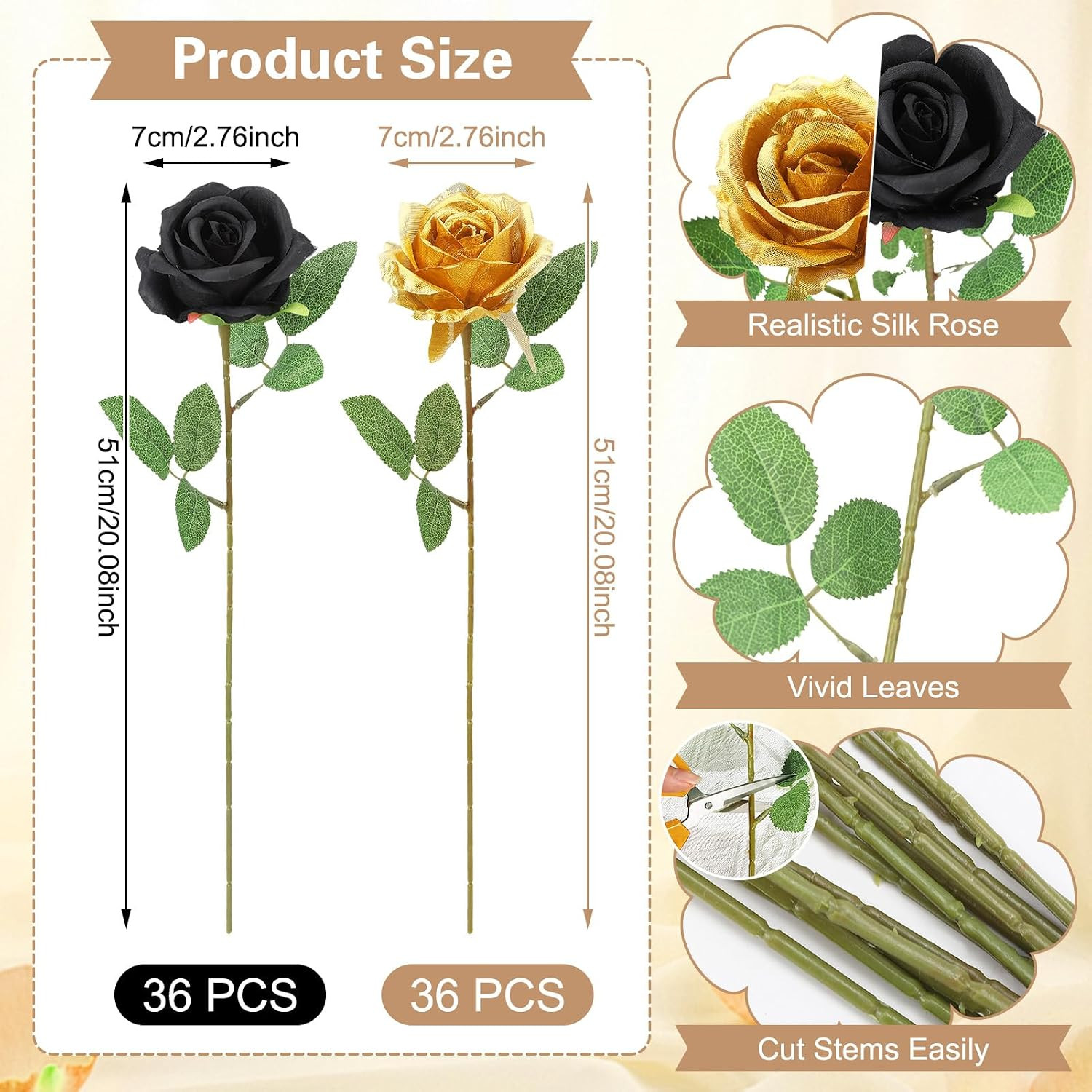 72 Pcs Gold & Black Artificial Roses for Home, Wedding & Birthday Decor