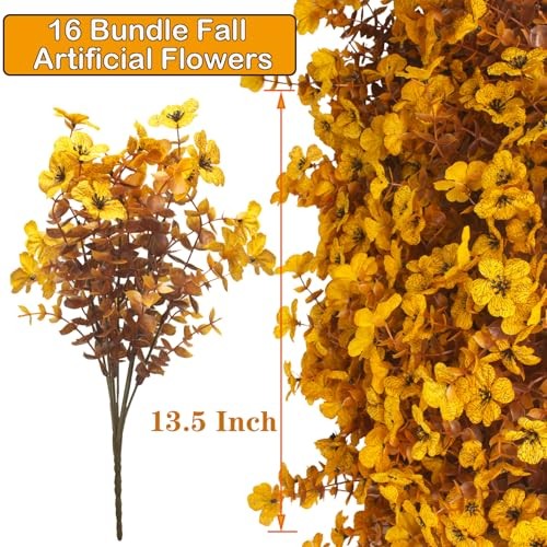 16 Bundles Artificial Fall Mums Outdoor UV Resistant, Fake Silk Fall Yellow