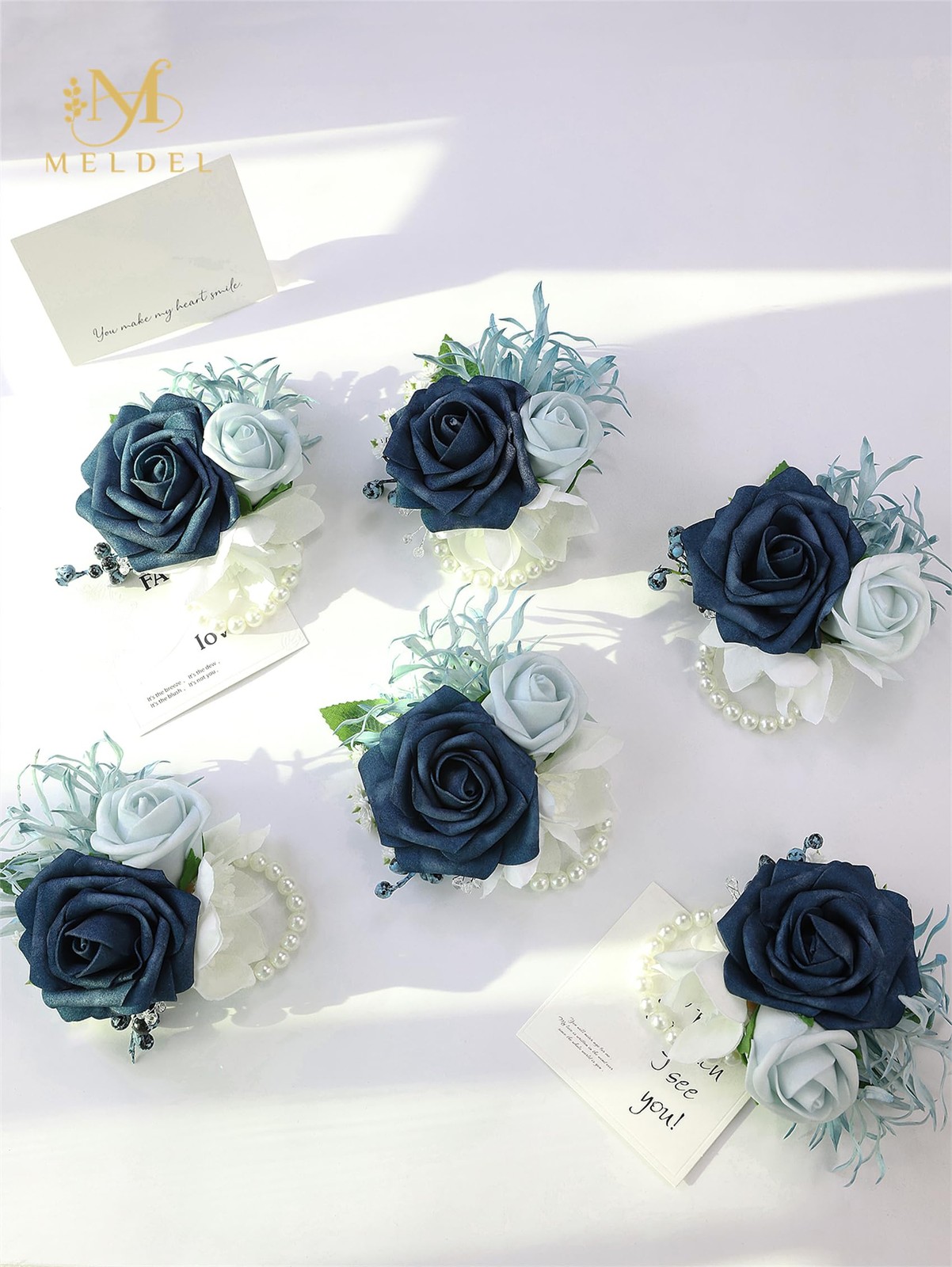 6 Pcs Navy Blue Wrist Corsage, Bride, Bridesmaid, Wedding, Prom, Party, Ceremony