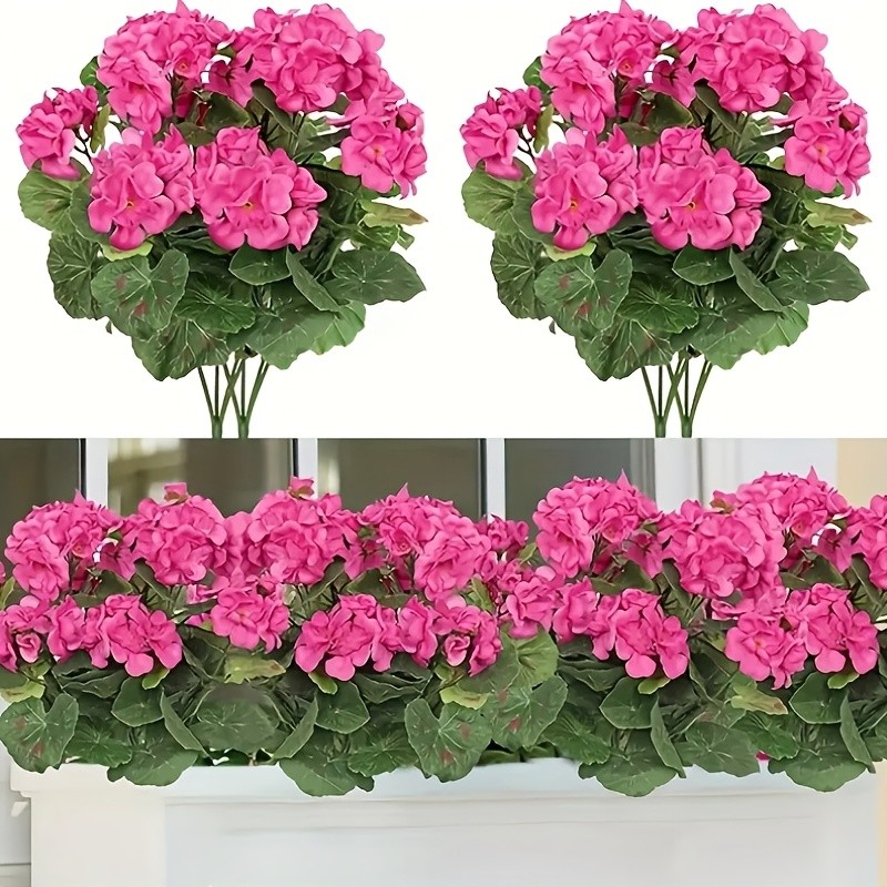 4Pcs Artificial Pink Geranium Flowers Fake Plants for Outdoor Garden Patio Decor
