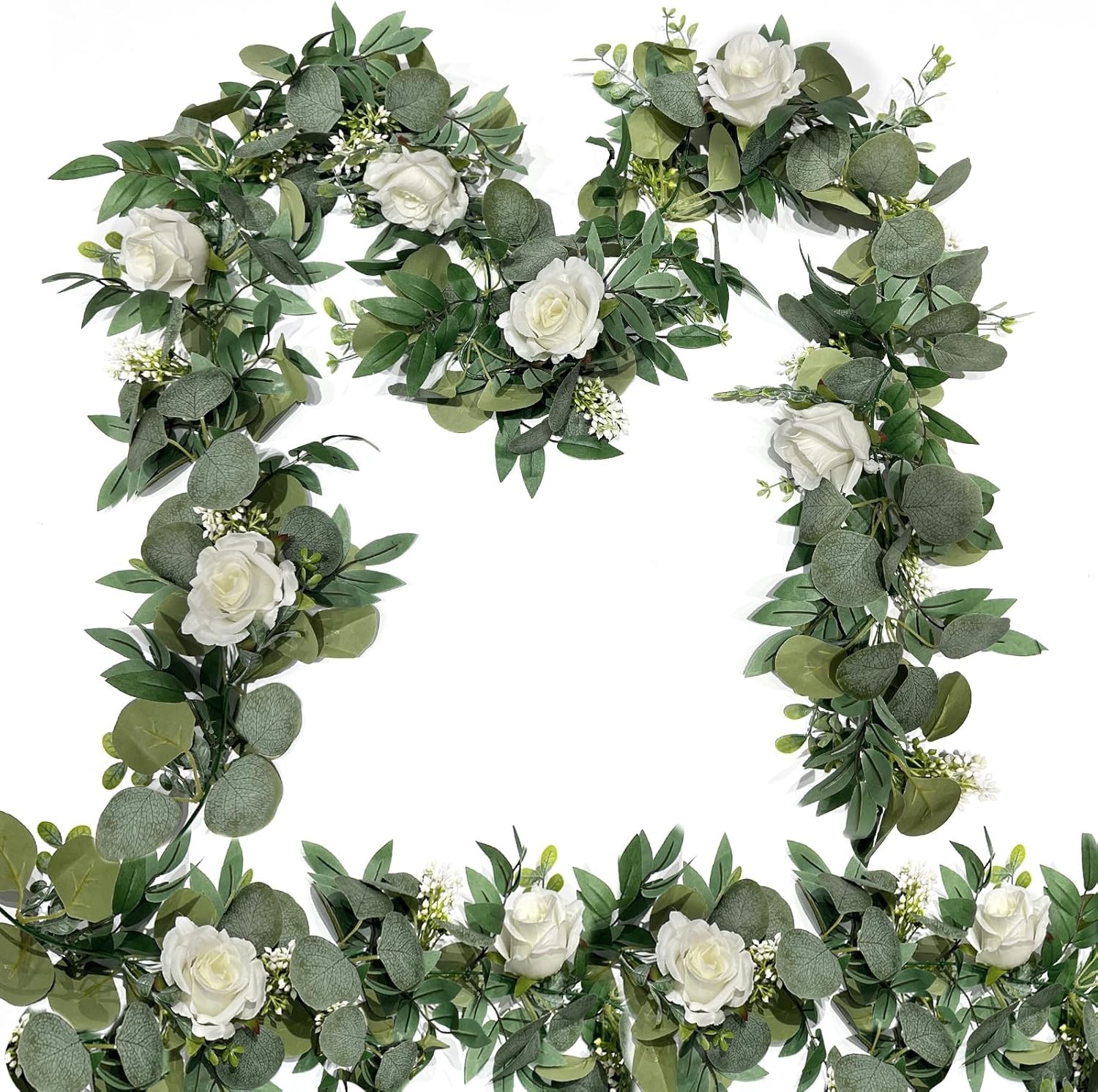 2 Pack 13Ft Artificial Spring Eucalyptus Flower Garland with White Roses, Fake F