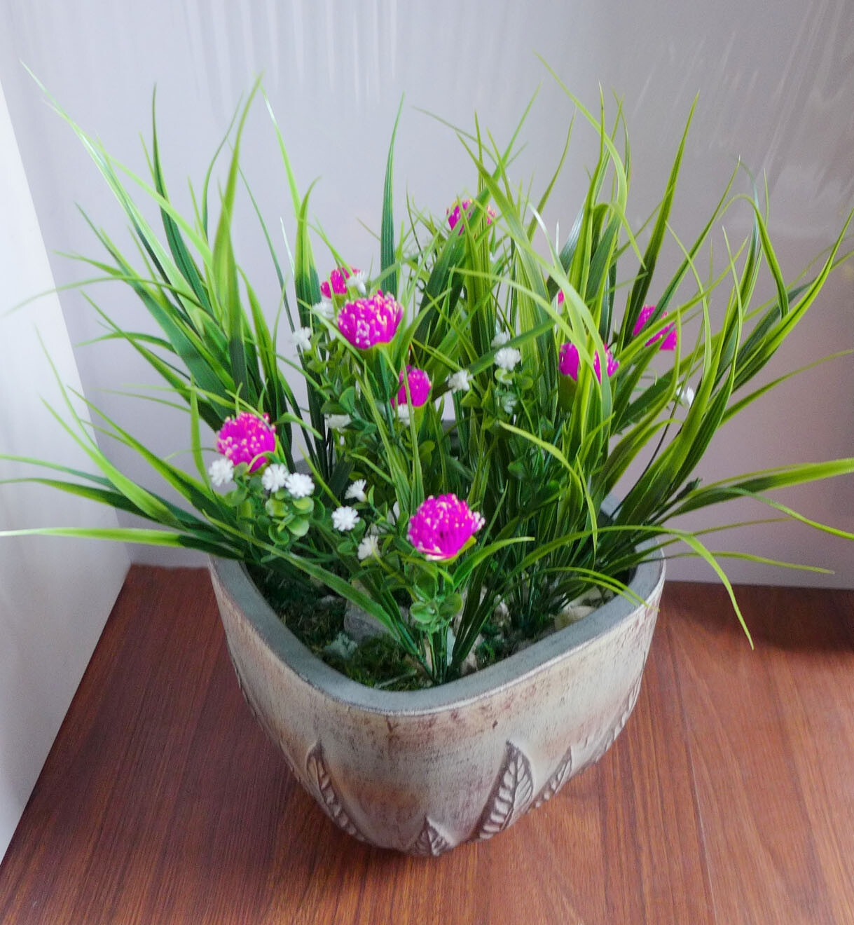 Set of 4 Fuchsia Artificial Grass Ball Flowers Bushes With Grasses
