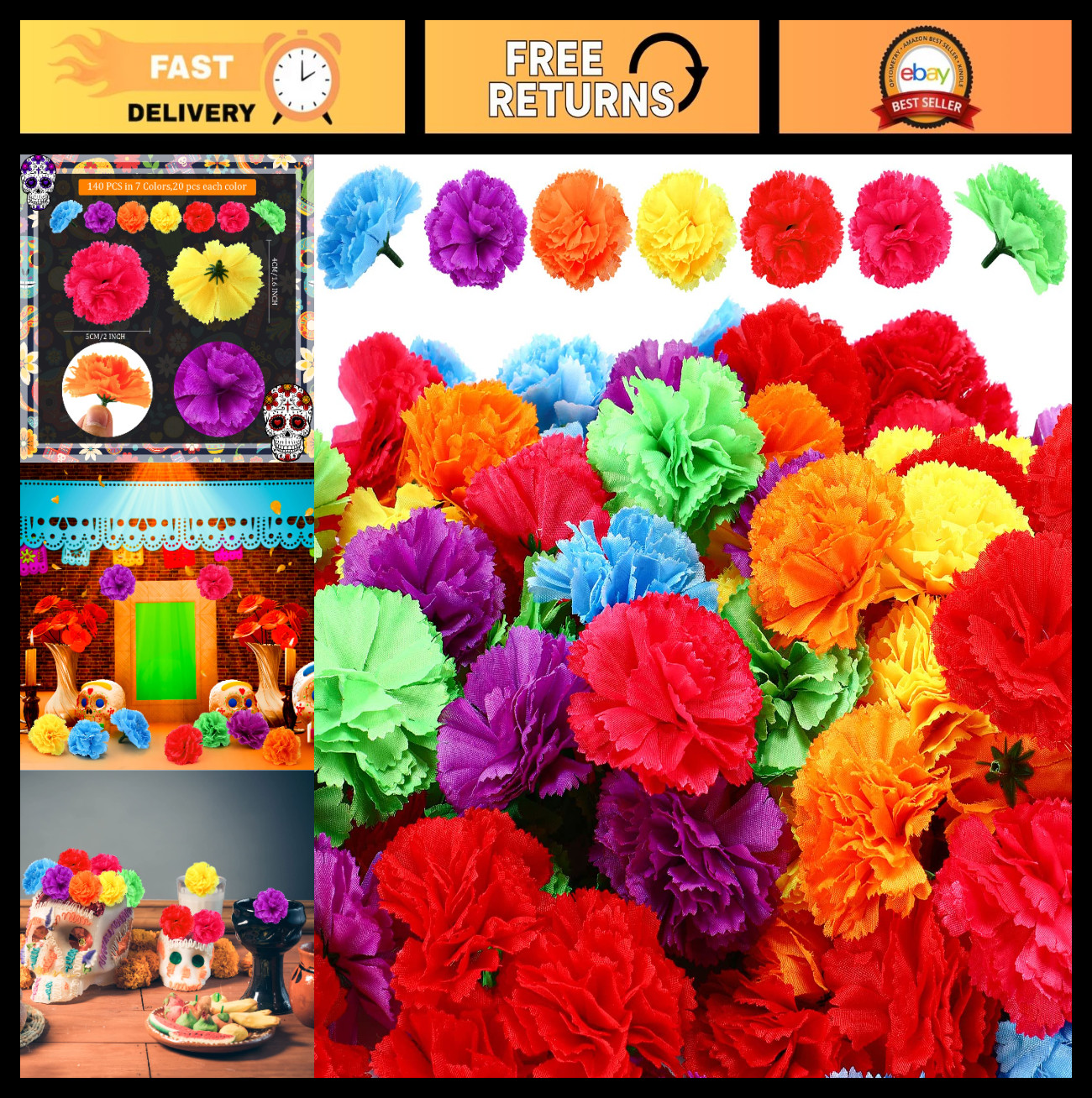 140 Pcs Artificial Marigold Flowers – Mexican Decor for Halloween, Diwali, DIY W