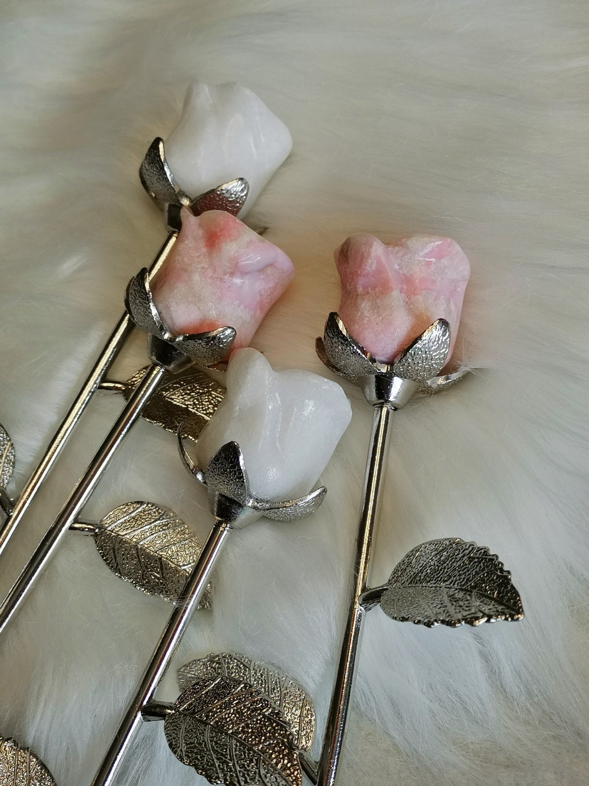 Pink Opal and White Jade rose with silver stem , Decorative Collectible