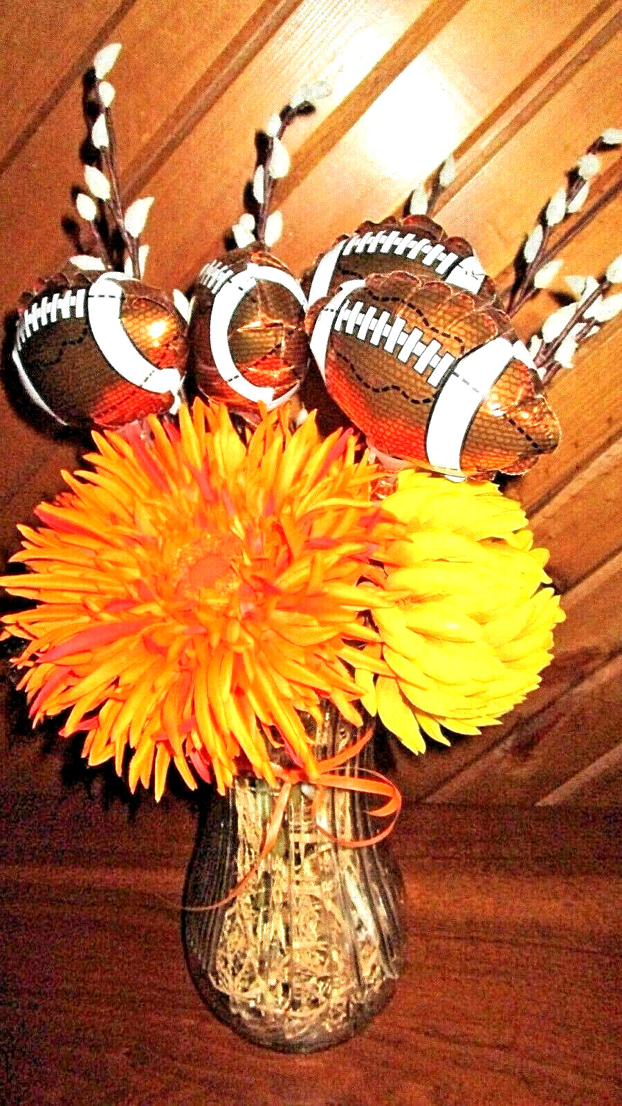 18″ FOOTBALL Autumn Faux PUSSY WILLOWS Orange Yellow FLORAL Hoosier Glass VASE