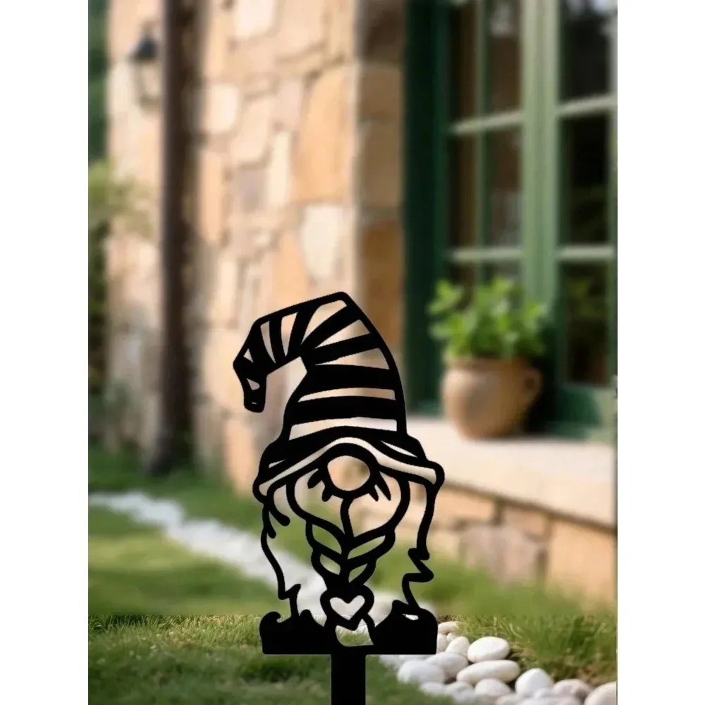 Fairy Garden Steel Sculpture with Pointed Hat Whimsical Outdoor Yard Patio Decor