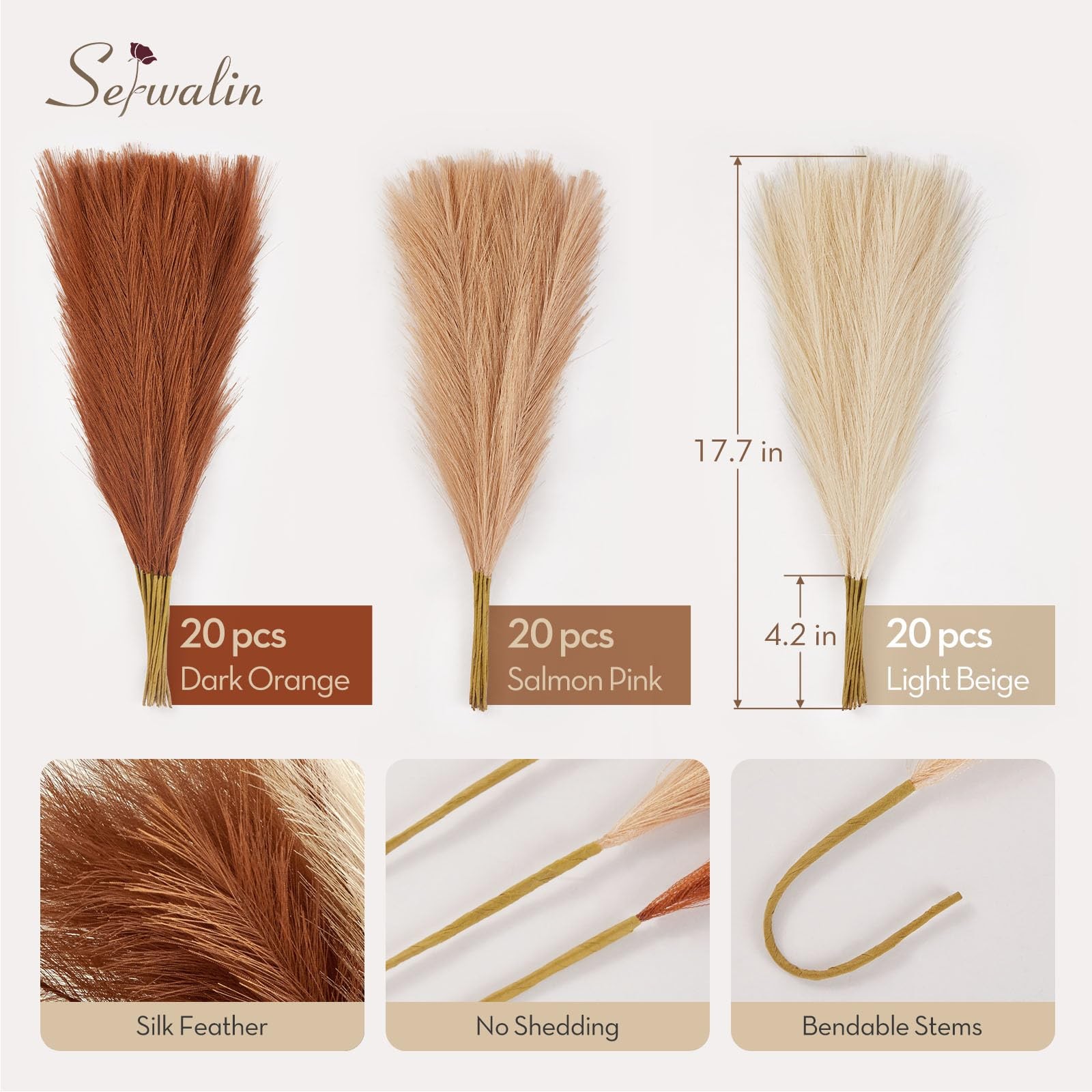 60 PCS Orange Pampas Grass Decor 17.7 Inch Fall Artificial Faux Vase Filler