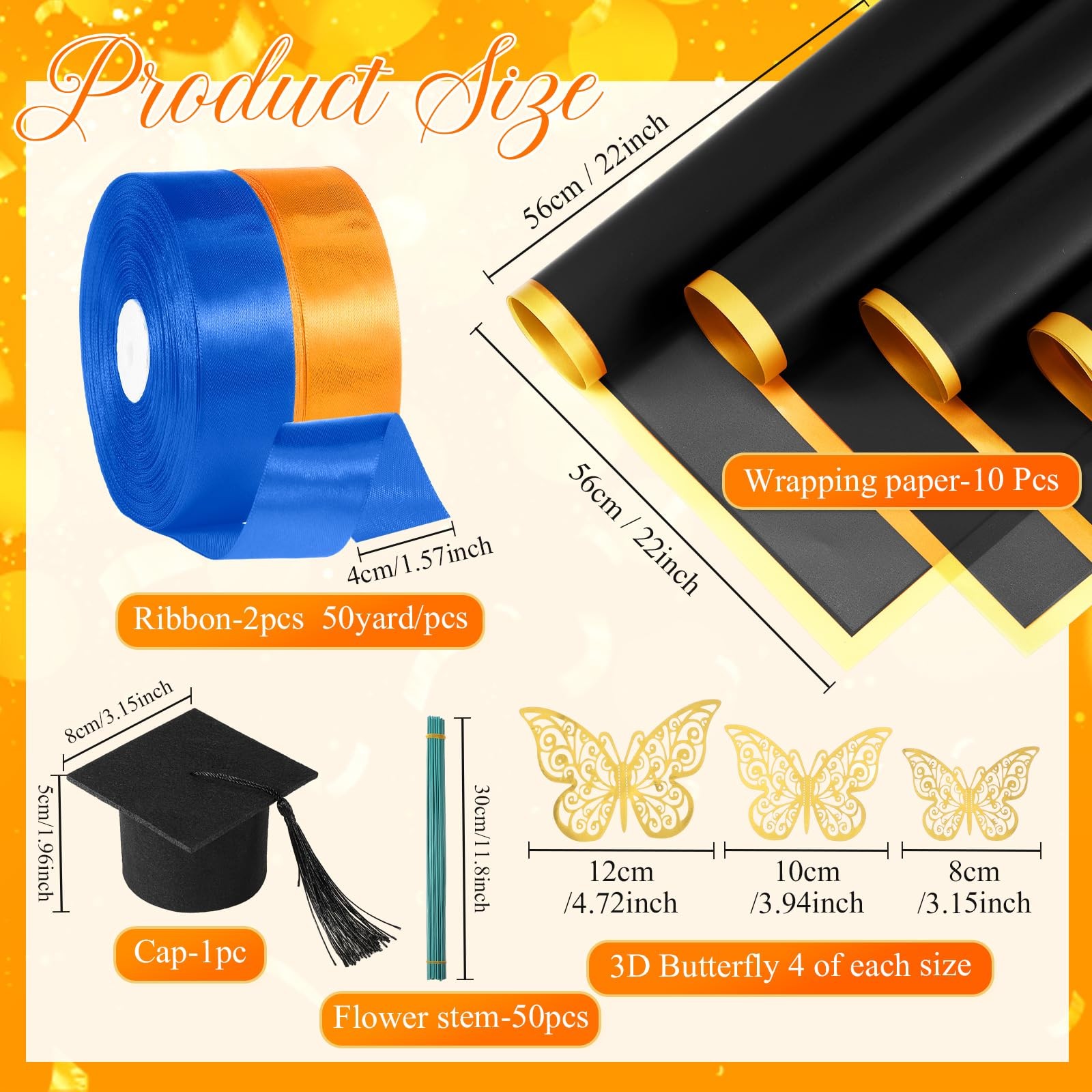 DIY Graduation Bouquet Kit 75 Pcs Flower Wrapping Paper, Ribbon & Decor