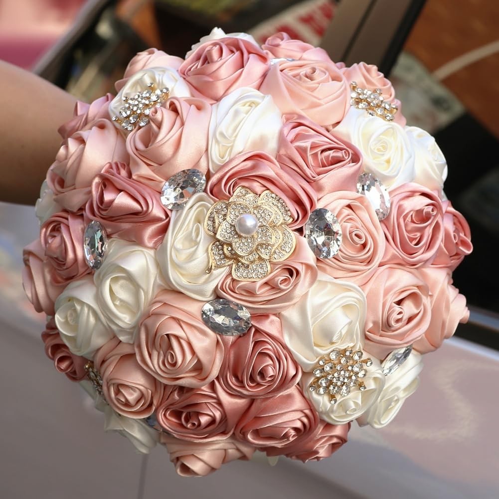 Blush Pink and Ivory Bridal Wedding Bouquet with Gold Brooch Bling Rhinestone…
