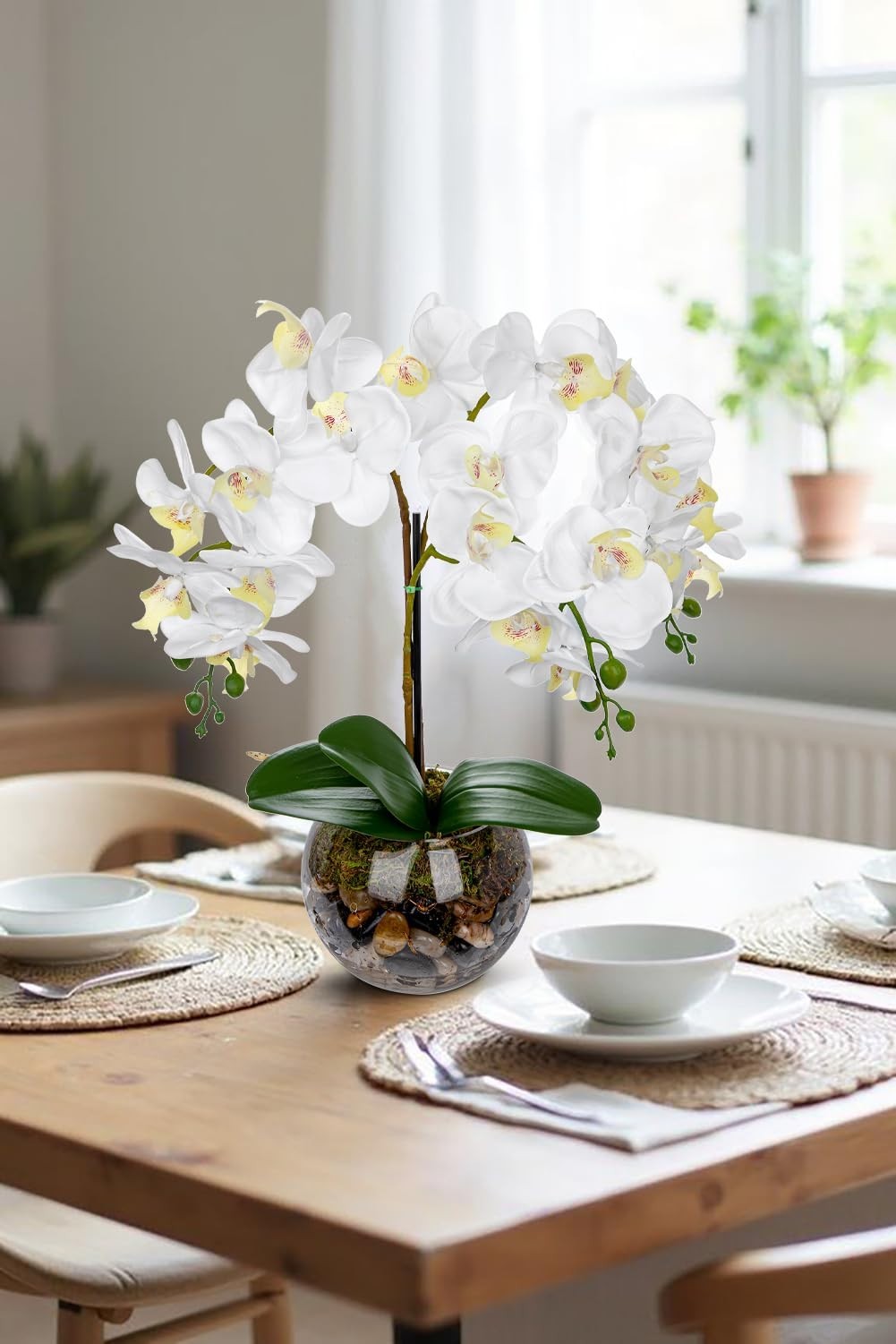 16.5″ White Orchids Faux Flowers in Pot – Elegant Fake Plant Arrangements for Ho