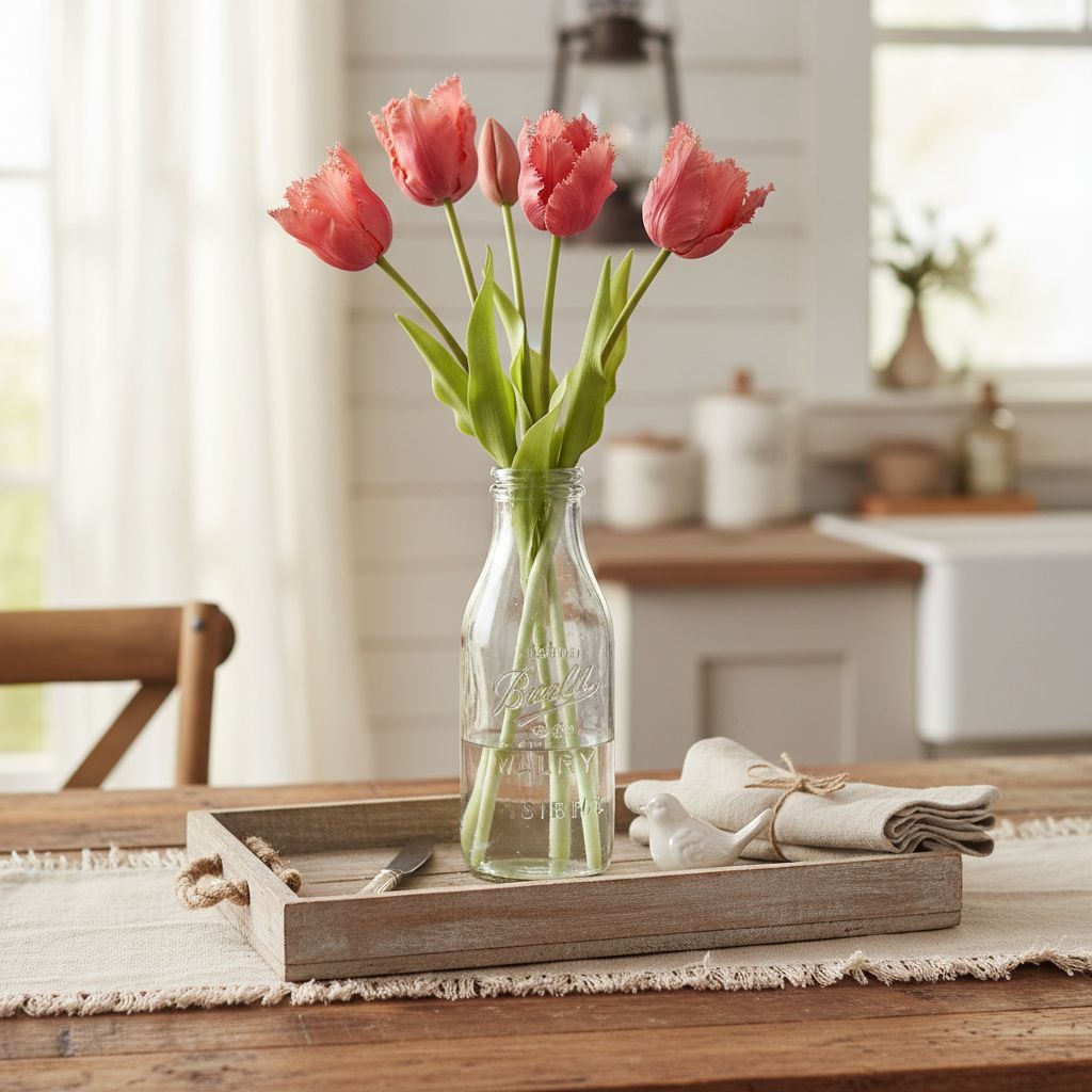 Coral Pink Tulip Bouquet 15 Inch Faux Flowers Purple Tip Spring Decor Farmhouse