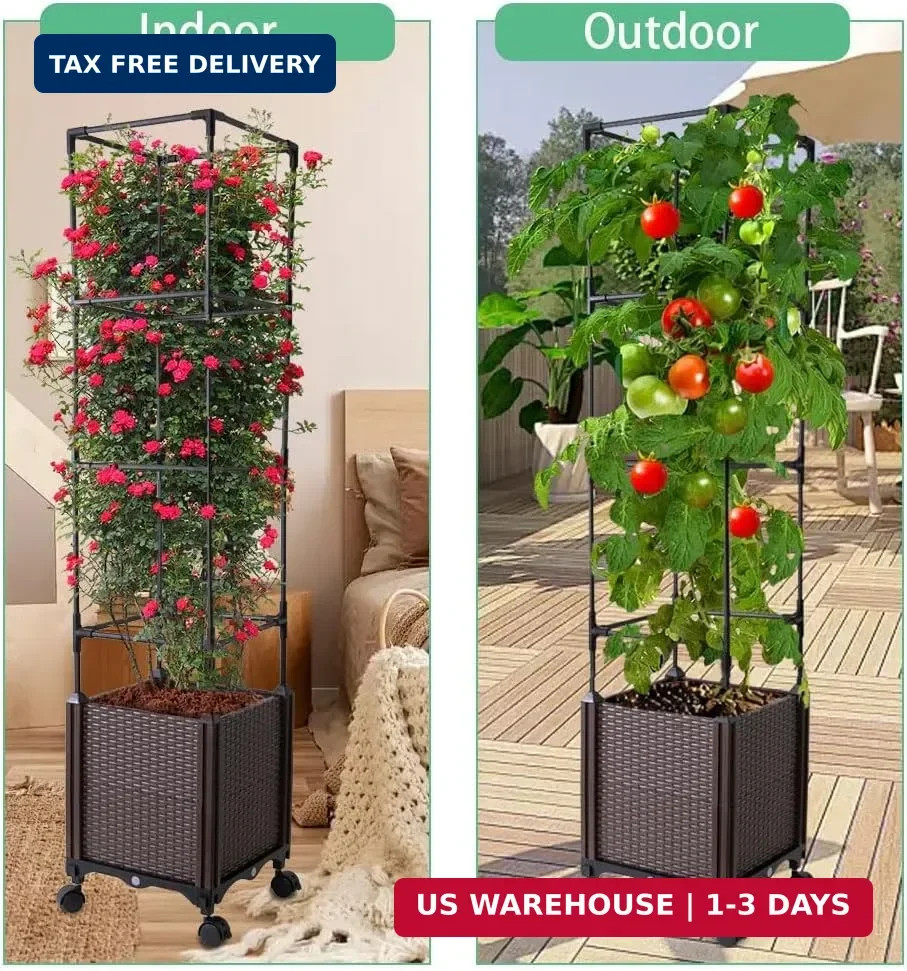 Raised Garden Bed with Tomato Cage & Trellis, 56″ Self-Watering Tomato Planter B