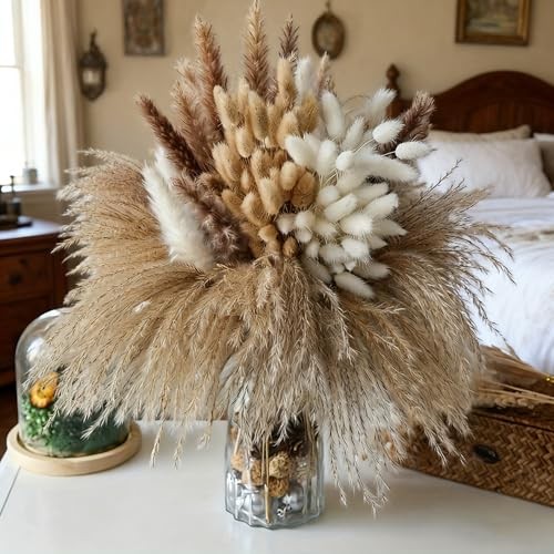 17 Inch Beige & White Dried Pampas Grass Bouquet, Bunny Rustic Glow Bouquet