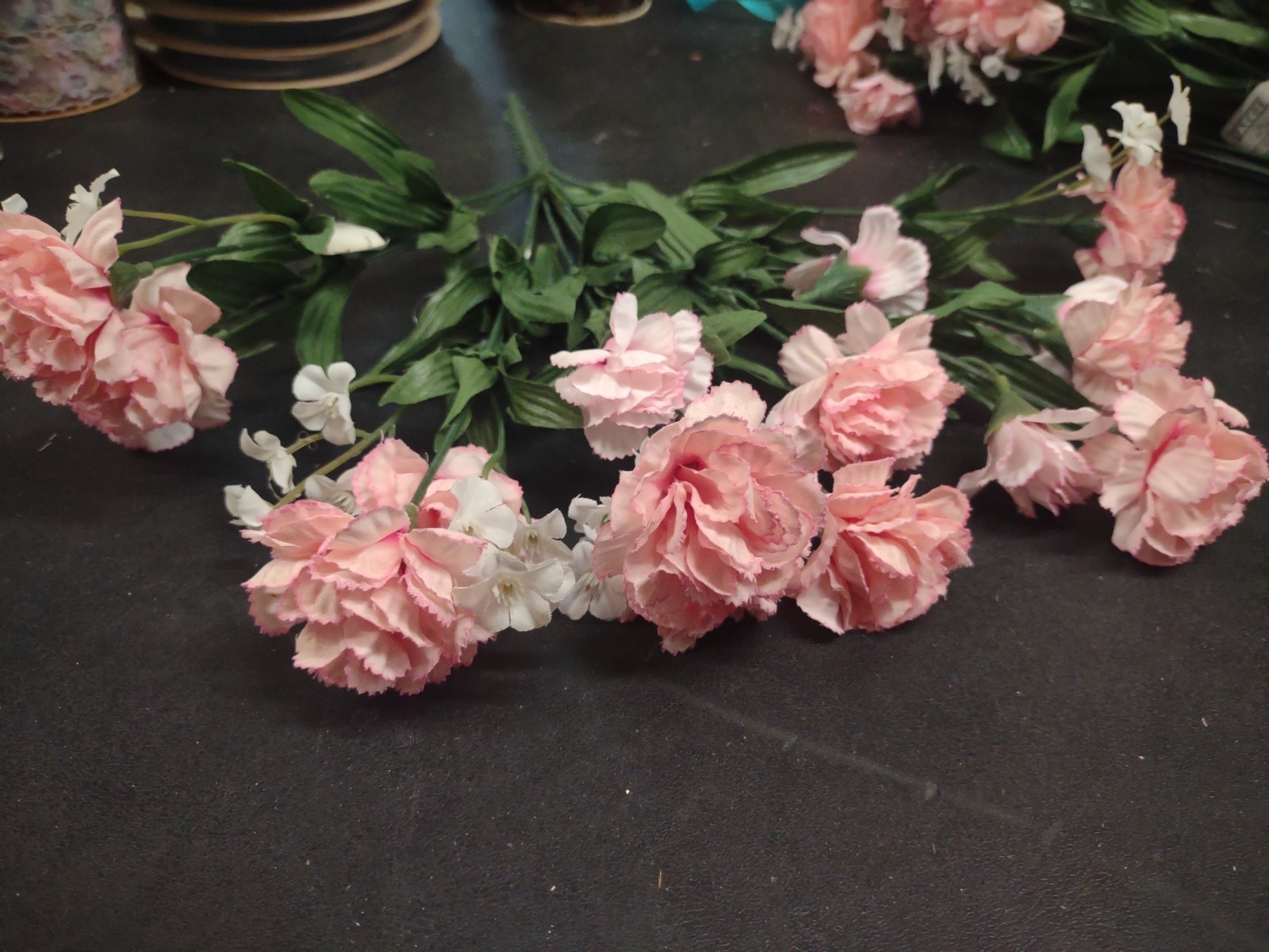 Realistic Silk Miniature Carnation Bush, 11 Stems, Pink with Babies Breath 15″