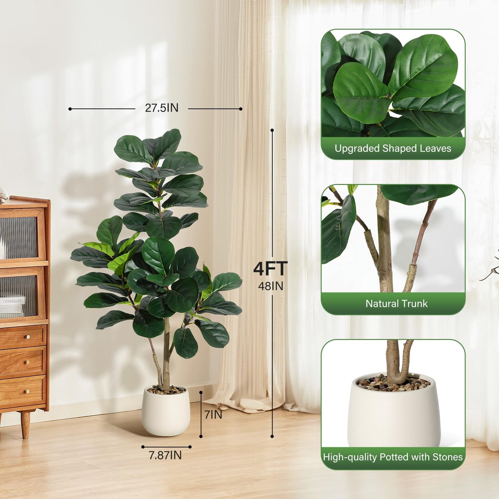 Artificial Fiddle Leaf Fig Tree 4-7 FT Tall Faux Ficus Lyrata Indoor Plant Pot