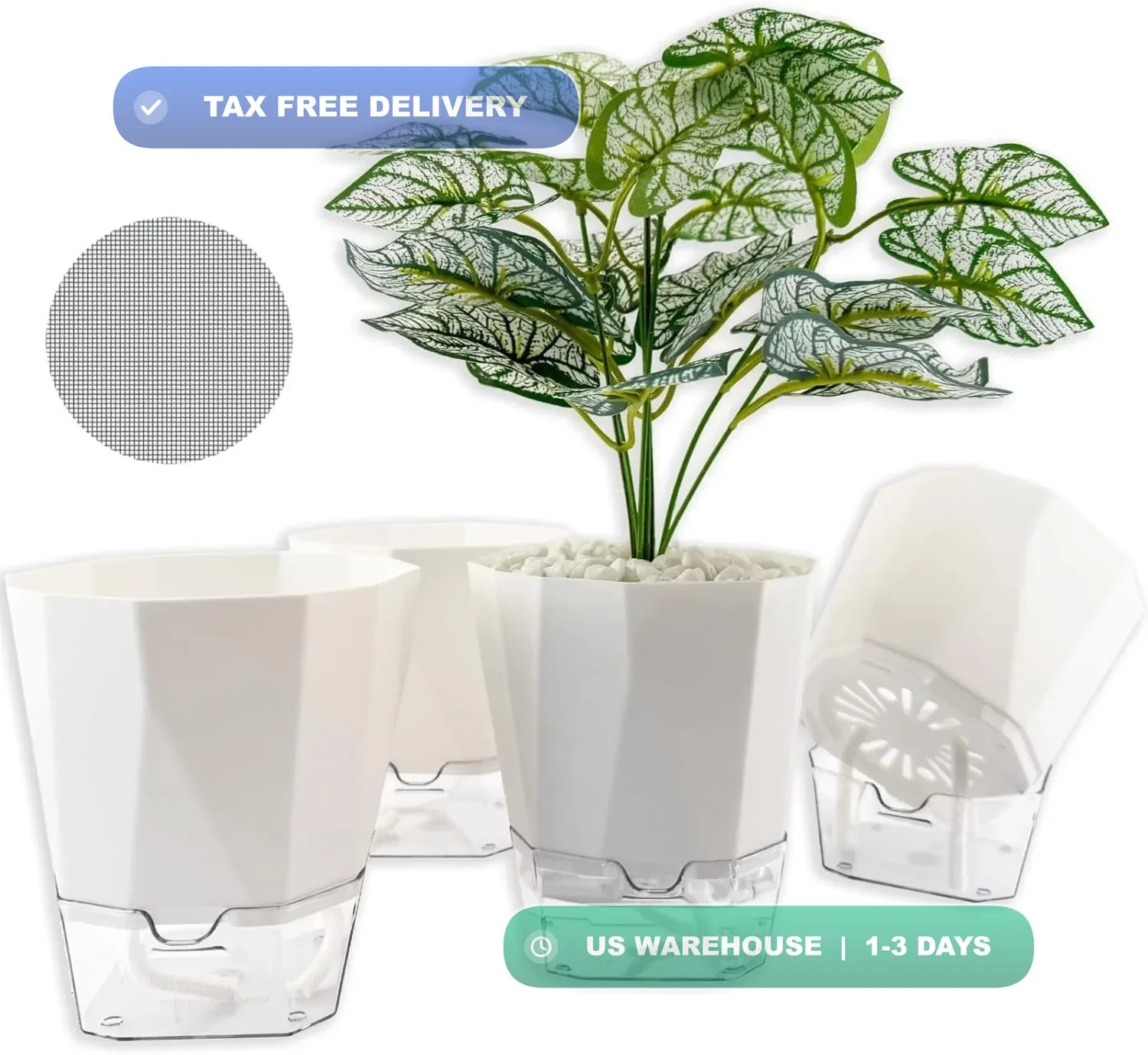 4 Packs Self Watering Plant Pots, Plastic Flower Pots with Drainage Hole and Sau