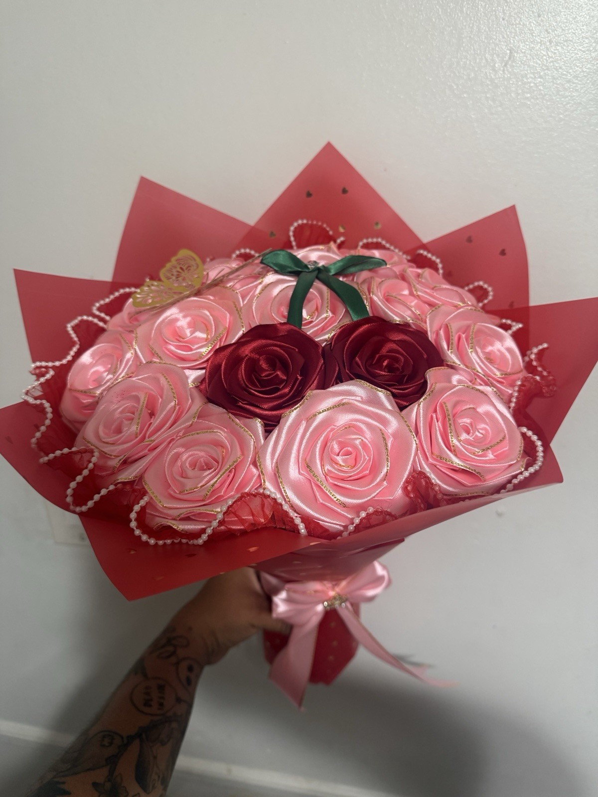 Artificial Pink & Red Rose Bouquet Fabric Floral Decor Heart Wrap Bow