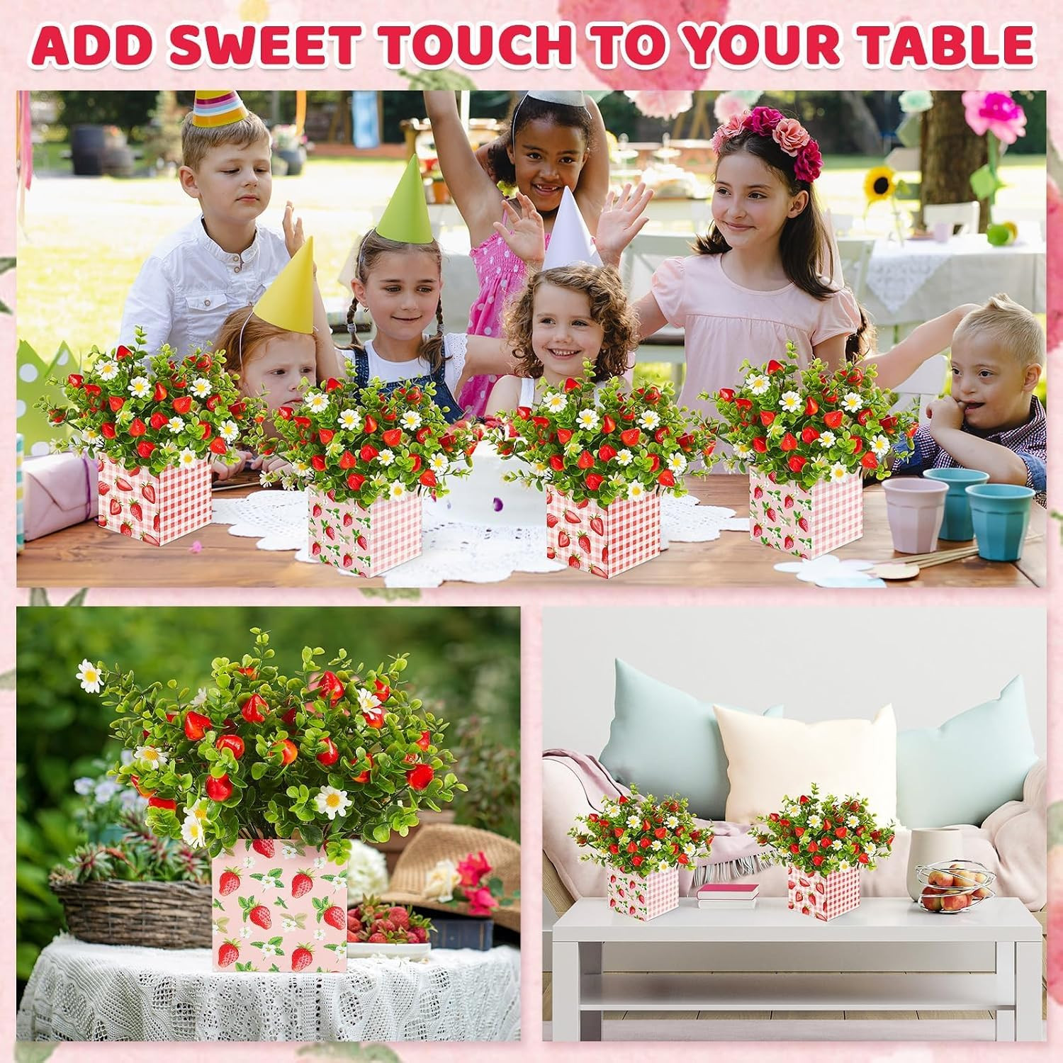 Summer Strawberry Centerpiece Decor – 4 Sets of Artificial Plants & Box