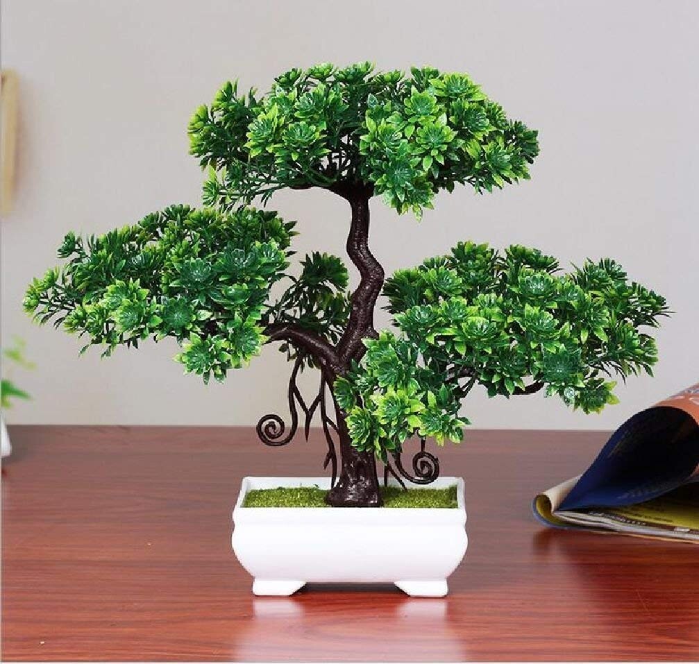 Artificial Bonsai Tree With Plastic Pot (Green, 1 Piece)