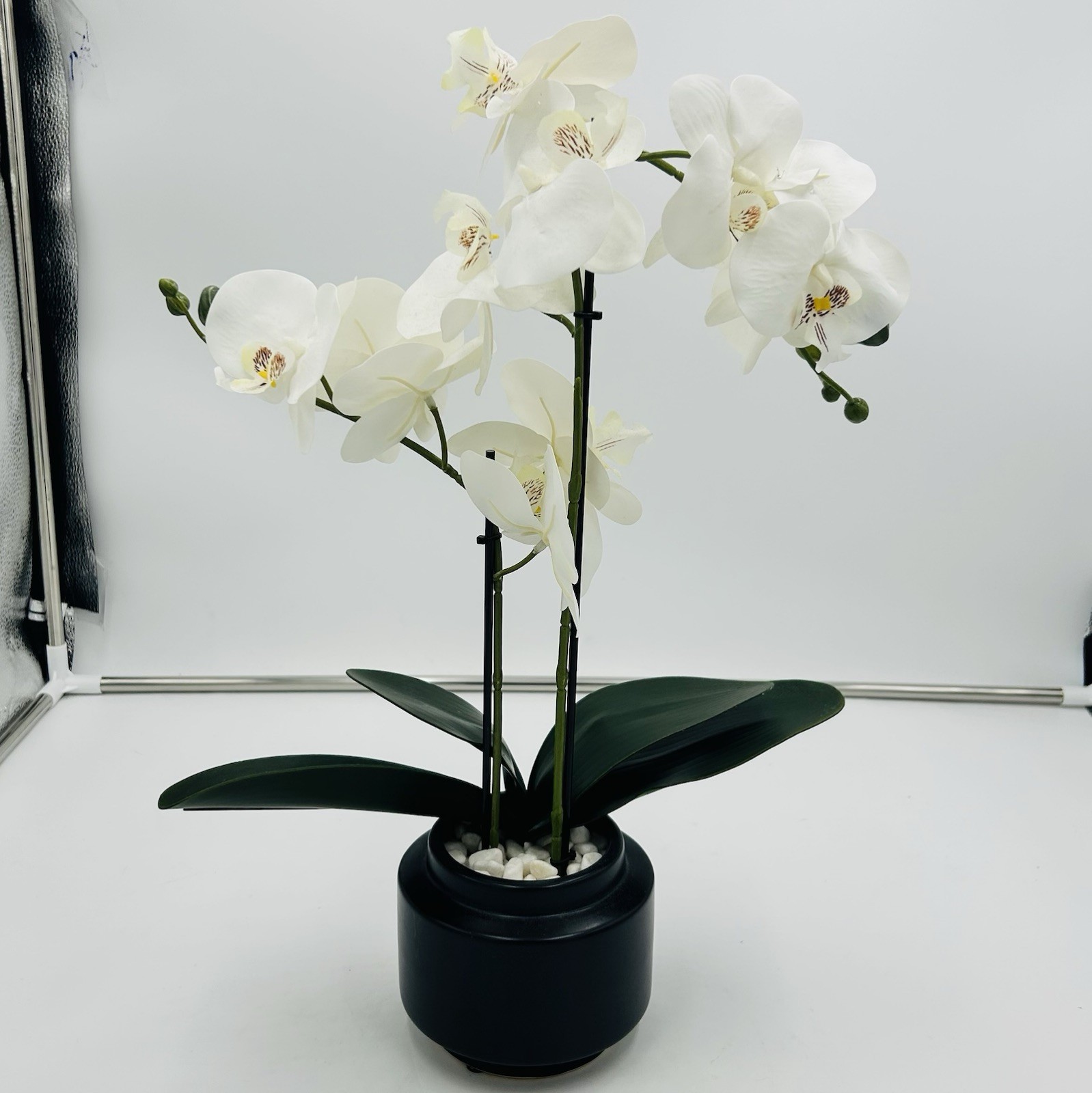 White Phalaenopsis 19″ Orchid Artificial Flowers with Black Vase Arrangement