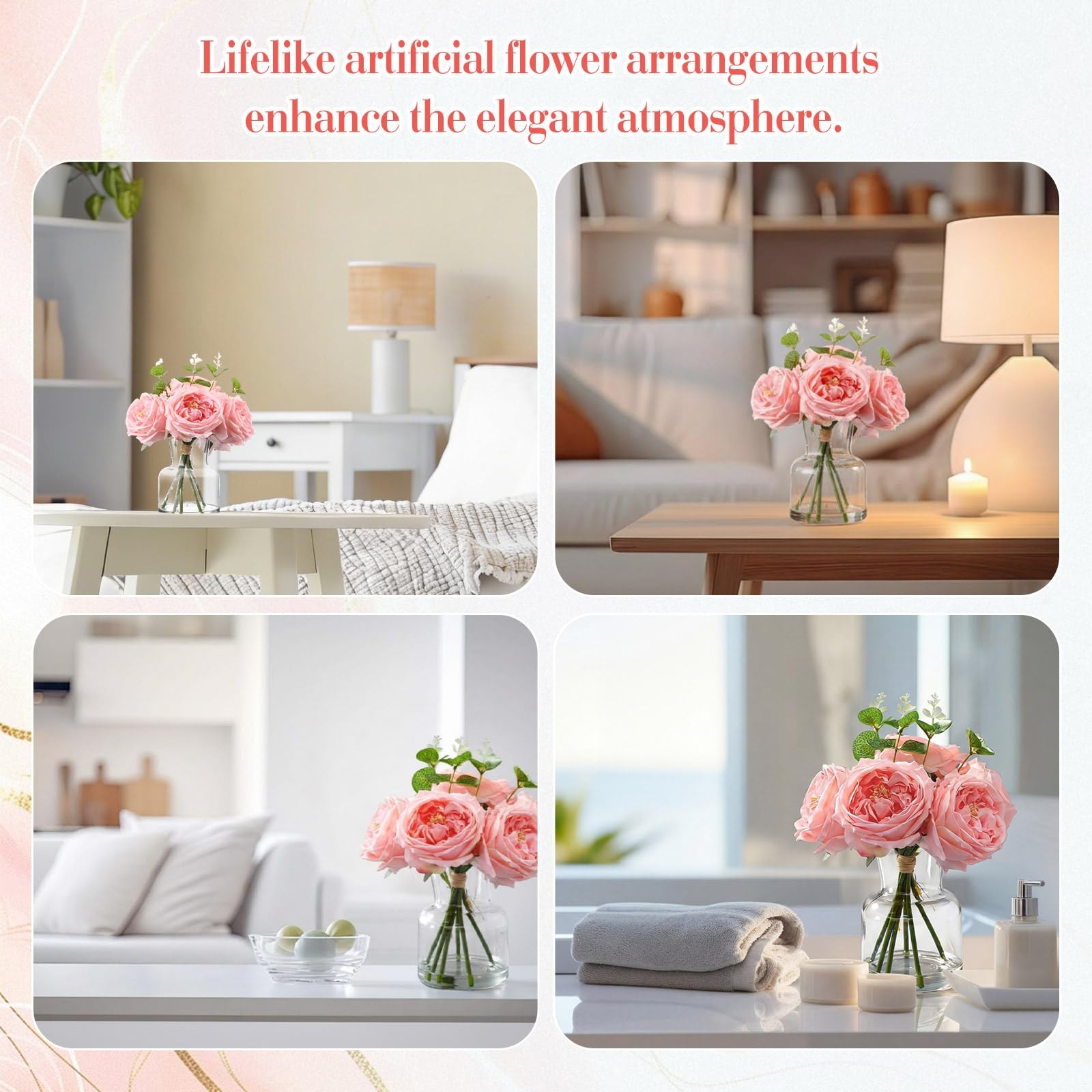 6 PCS Real Touch Peonies Artificial Flowers Faux Austin Rose In Vase Pink