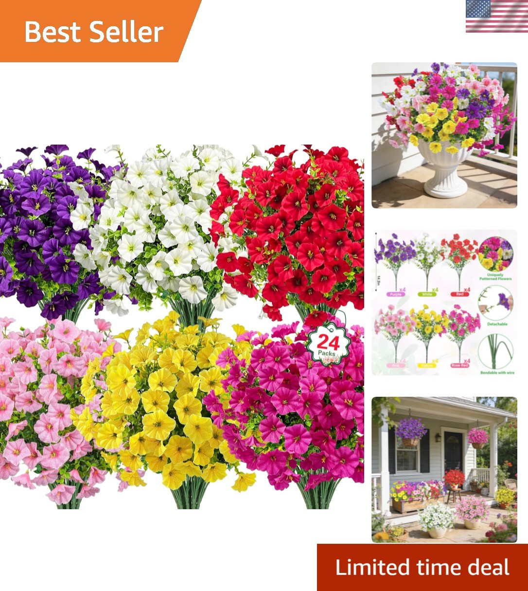 24 Bundles Artificial Flowers for Outdoors, Fake Petunias Flowers Silk Mornin…