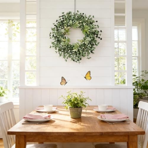 22-inch Spring Wreath Artificial Green Eucalyptus Leaves Wreath with White