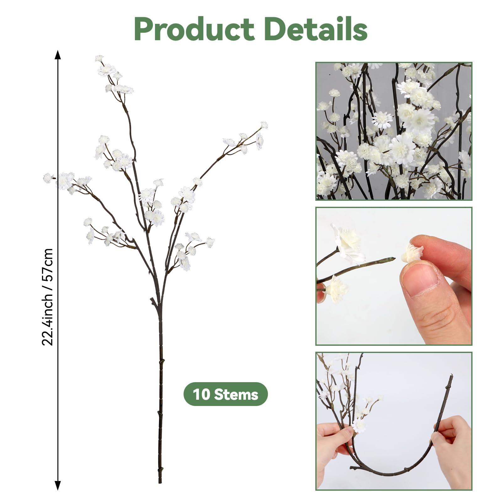 Artificial Baby Breath Flowers, 10 Long Stem White Faux Branches for Tall Vas…