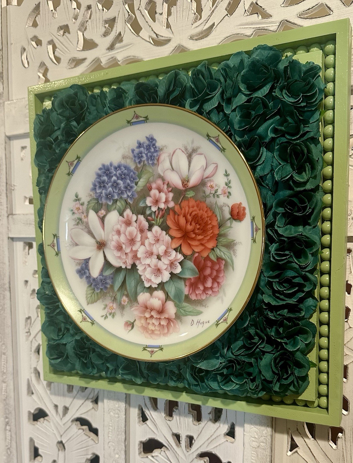 Upcycled Danbury Mint Plate 3D Wall Decor – Floral Roses Beaded Frame (12″)