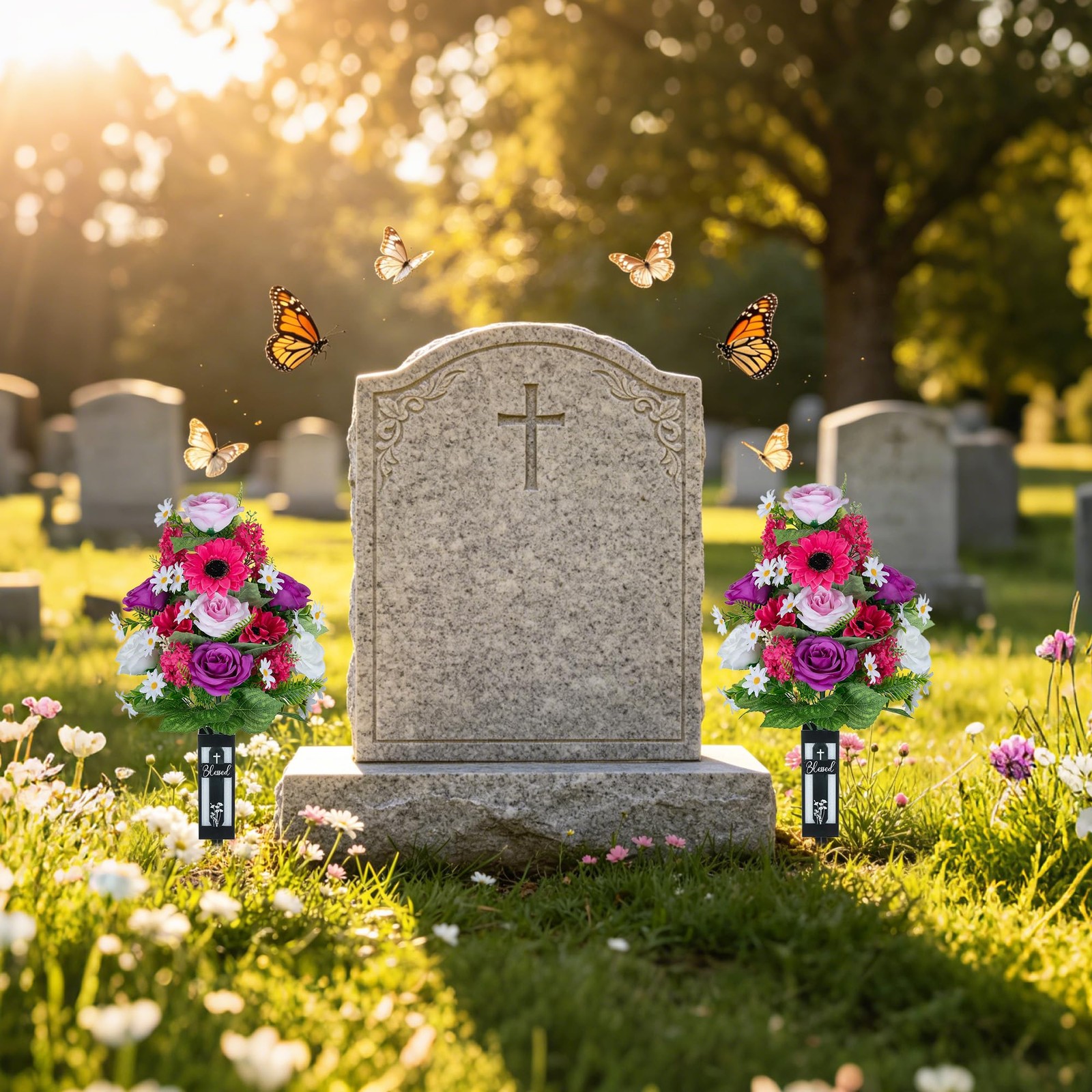 Artificial Flowers for Cemetery Grave: 2 Pcs Memorial Day Grave Decorations f…