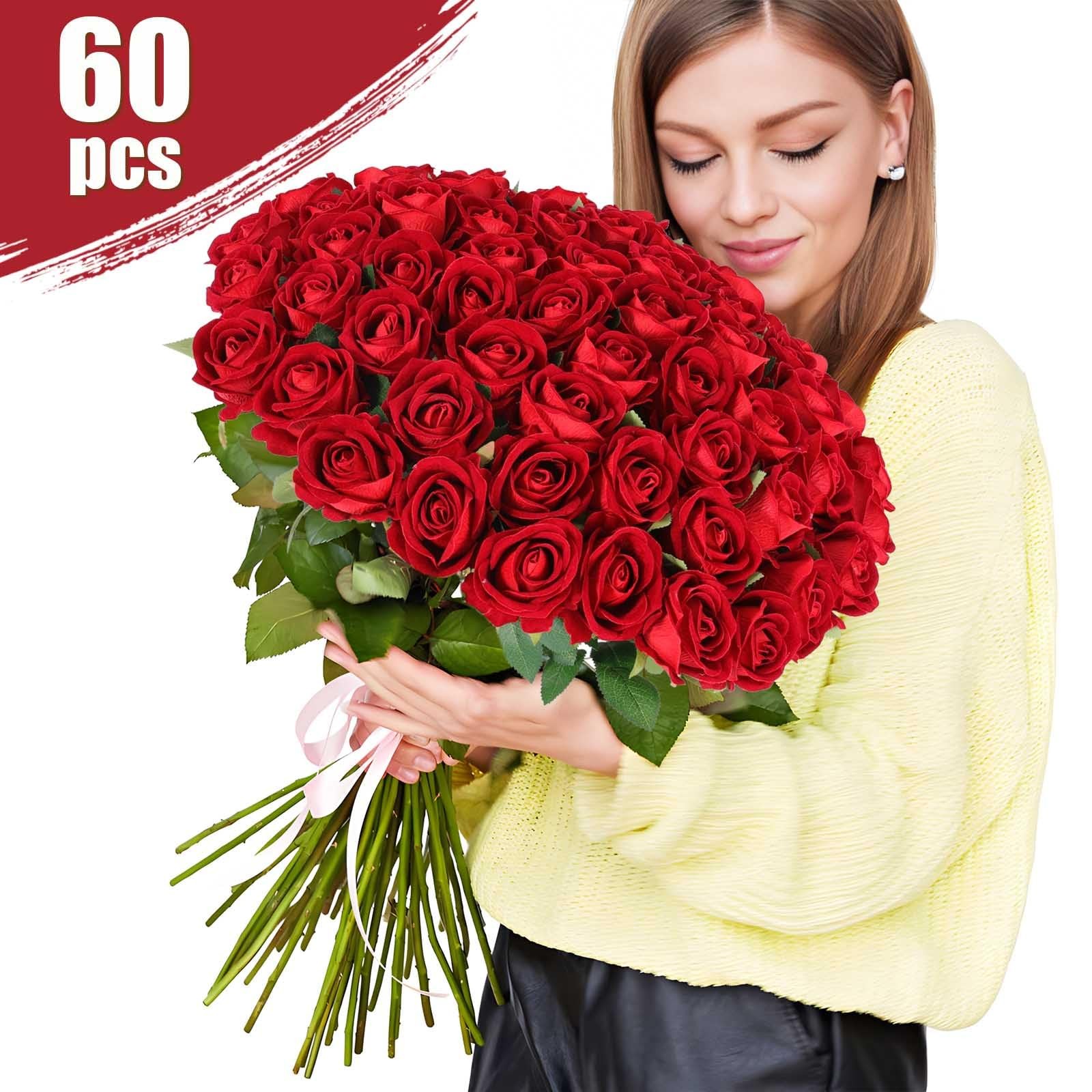 60 Pcs Artificial Roses Bulk Velvet Silk Red Rose Burgundy Roses for Wedding …