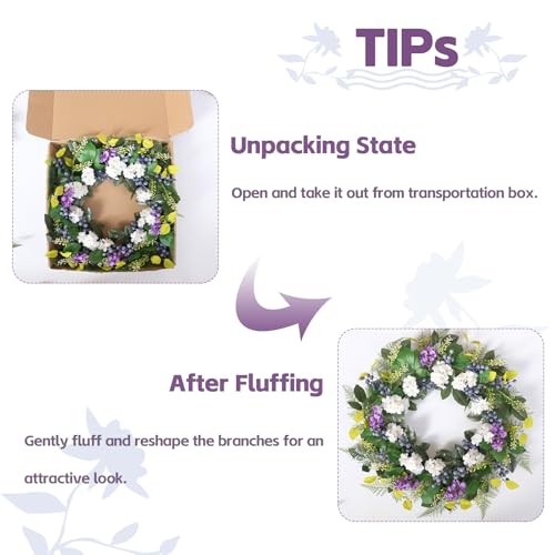 24 Inch Spring Wreath for Front Door – Artificial Blueberry Bunch Wreath with