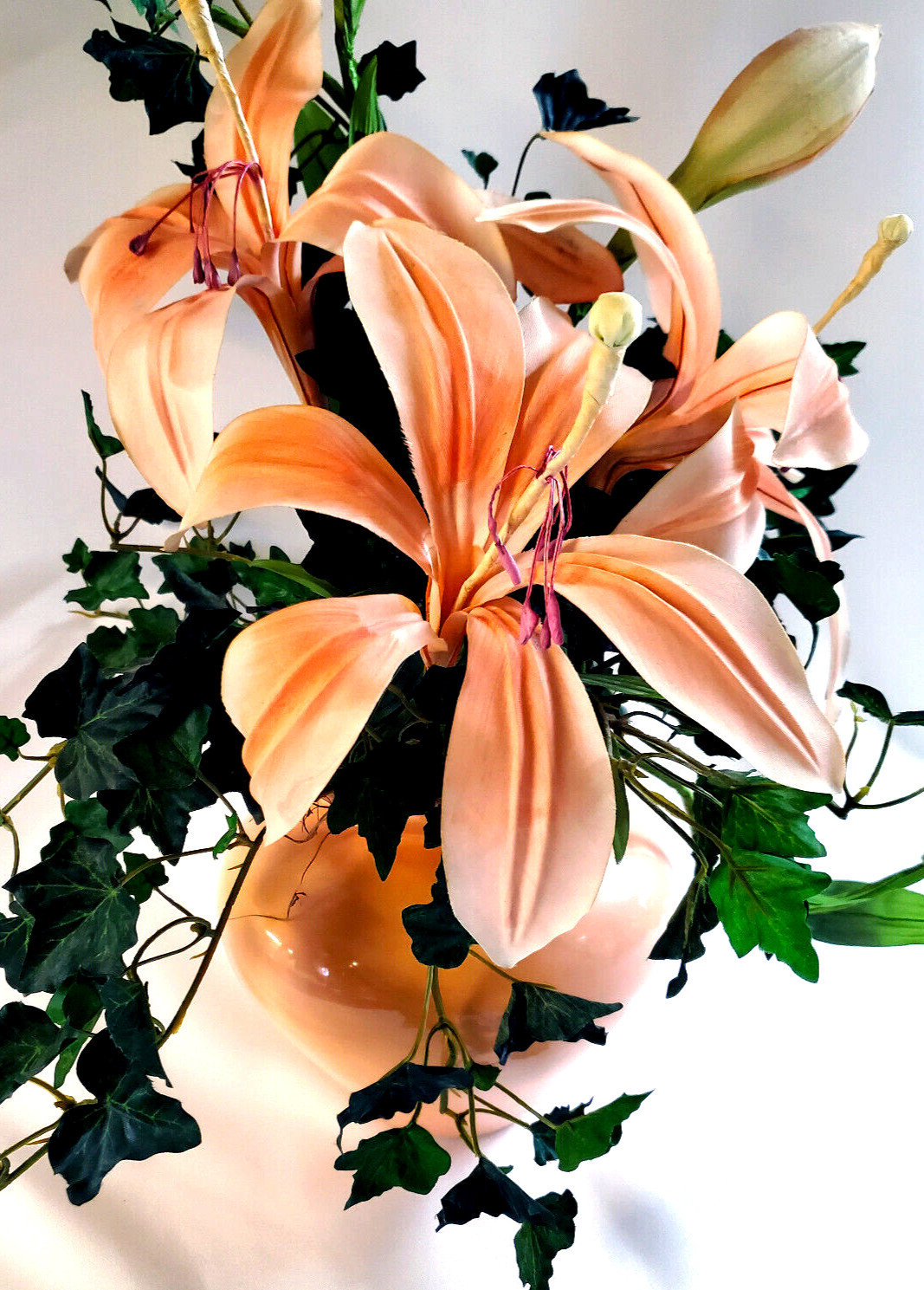 Peach Lillies & Ivy Silk Floral Centerpiece in Matching ceramic Vase