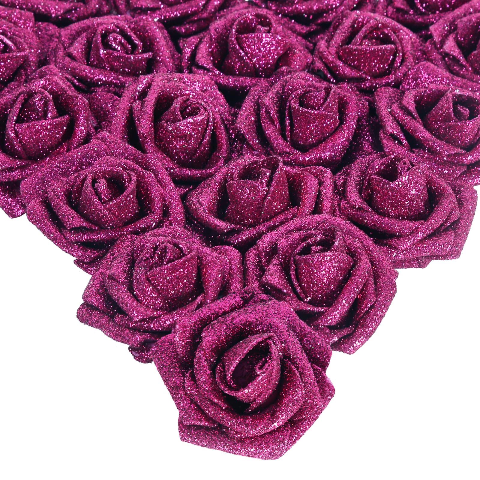 25-Piece Glitter Roses Deep Pink Foam with Stems for Wedding Party Decor