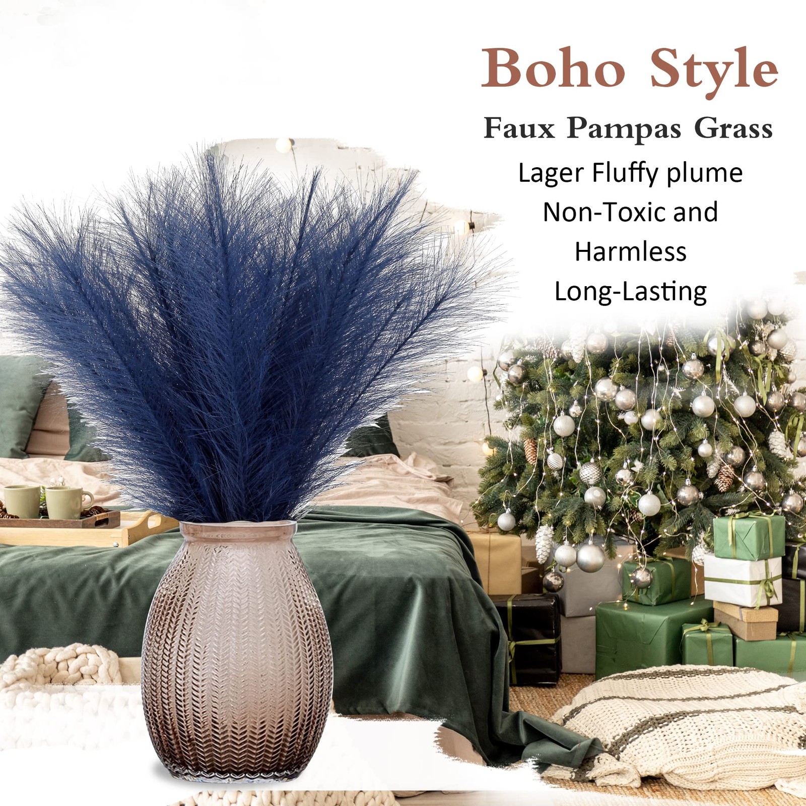 Navy Blue Pampas Grass Small, 30 Pcs 17″ Faux Pampas Grass Short Decor, Pompa…