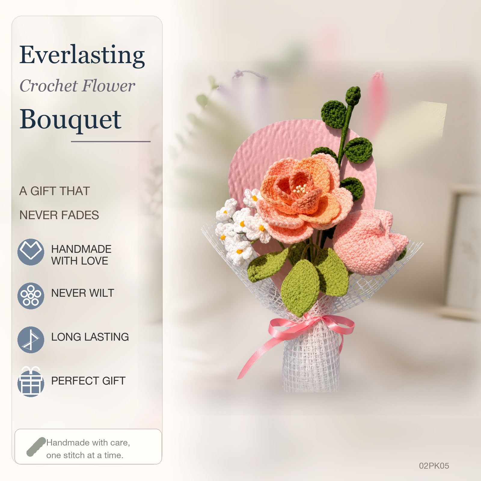 Pink Orange Crochet Rose Tulip Bouquet Birthday Thank You Gift for Her