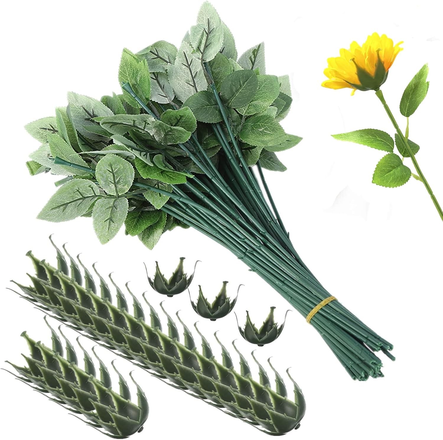 30Pcs Floral Wire Stem W/ Leaves & 30Pcs Artificial Flower Calyxes Set Plastic