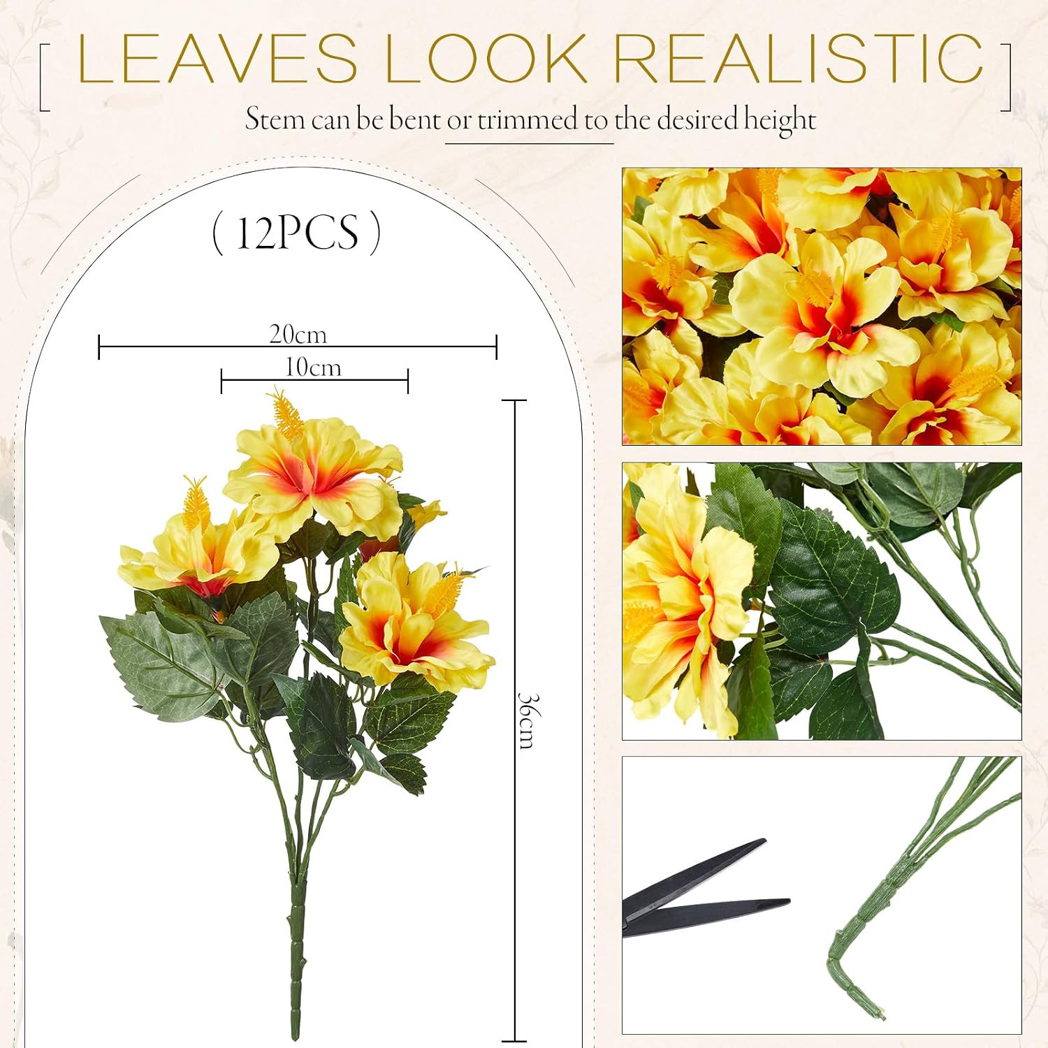 12 Bundles UV Resistant Yellow Artificial Hibiscus Flowers for Outdoor Decor