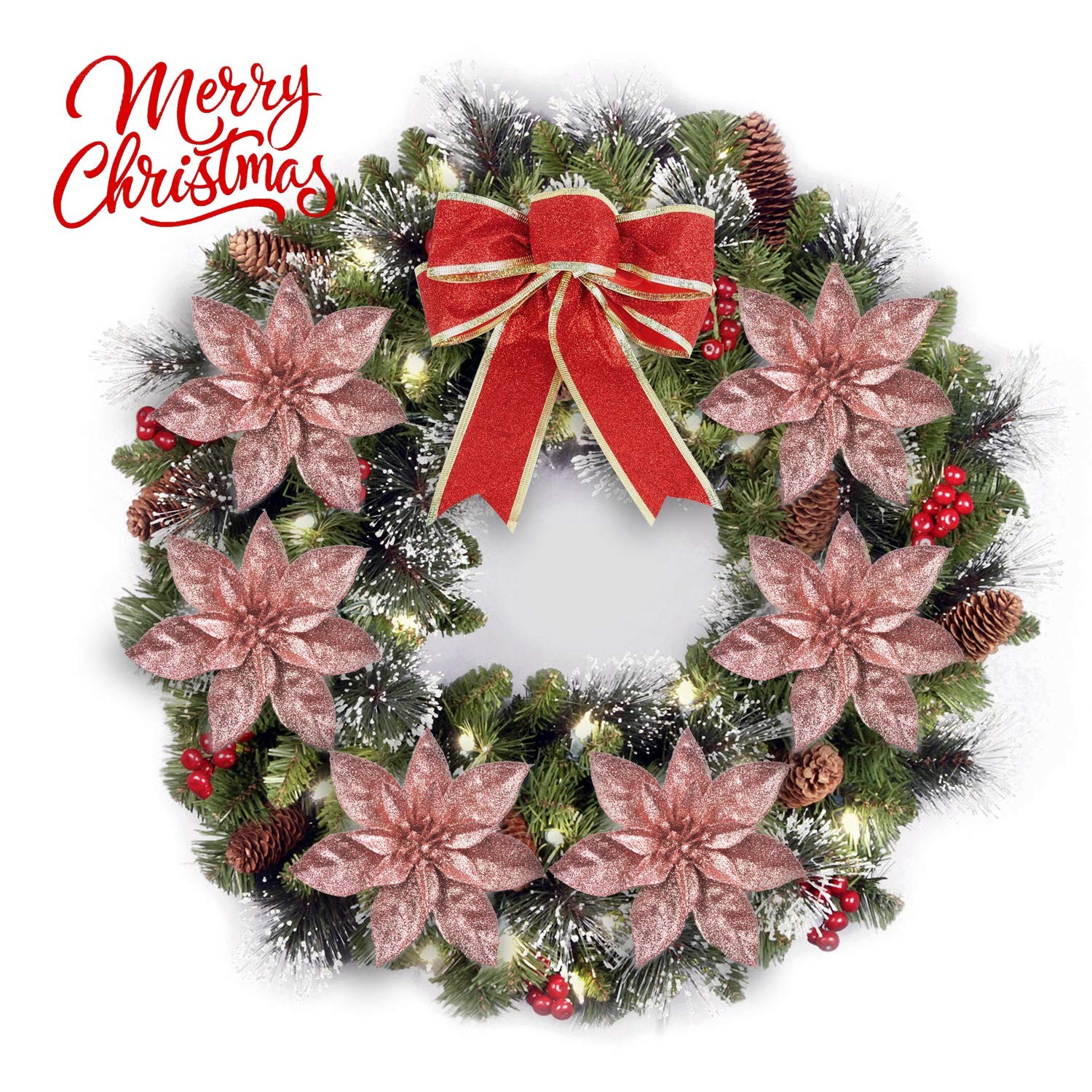 GL-Turelfies 12 Pcs Glitter Christmas Flowers(16cm/6.3’’) with 12 Pcs Clips A…