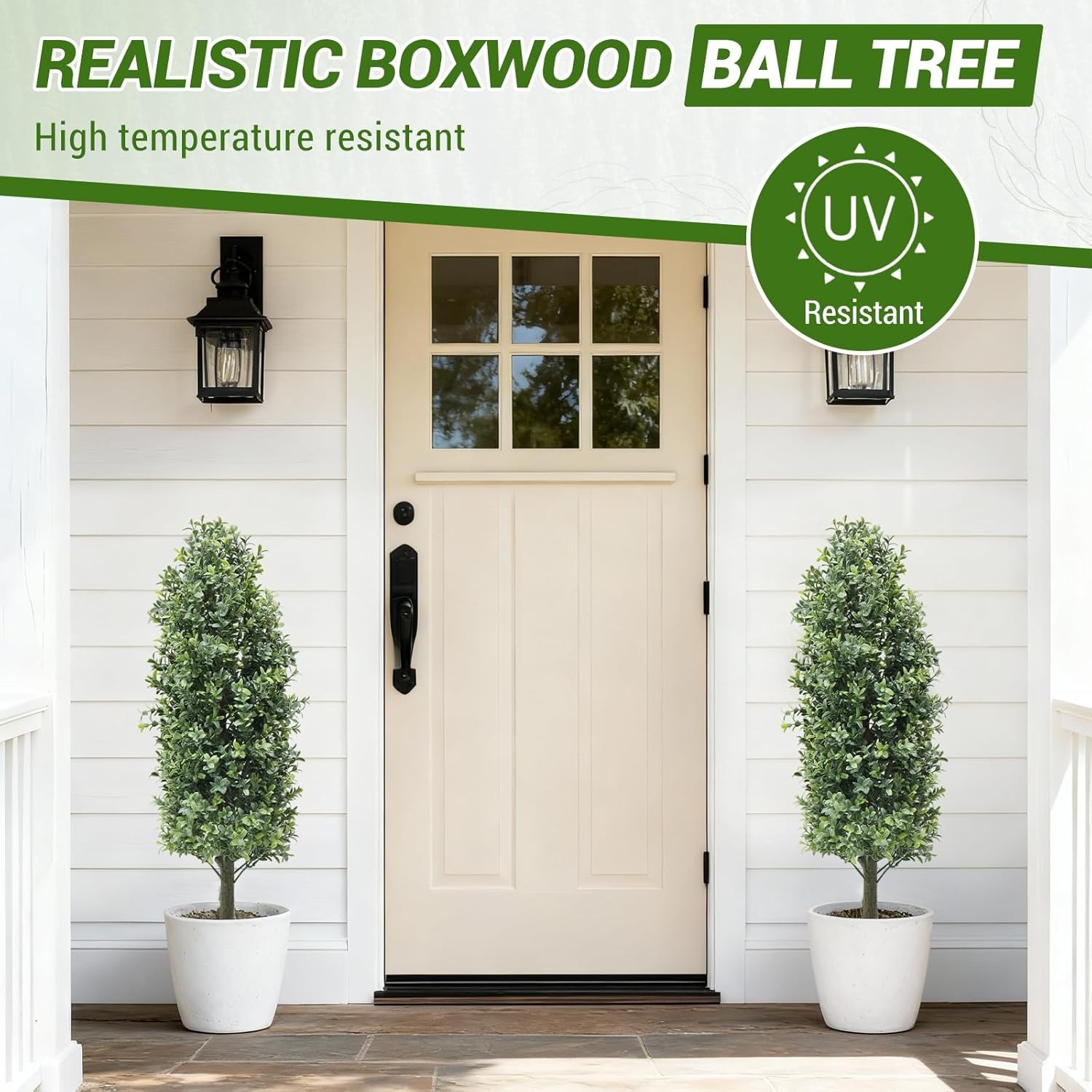 Set of 2 Faux Boxwood Plants: UV Resistant Outdoor Topiary with Ground Spikes
