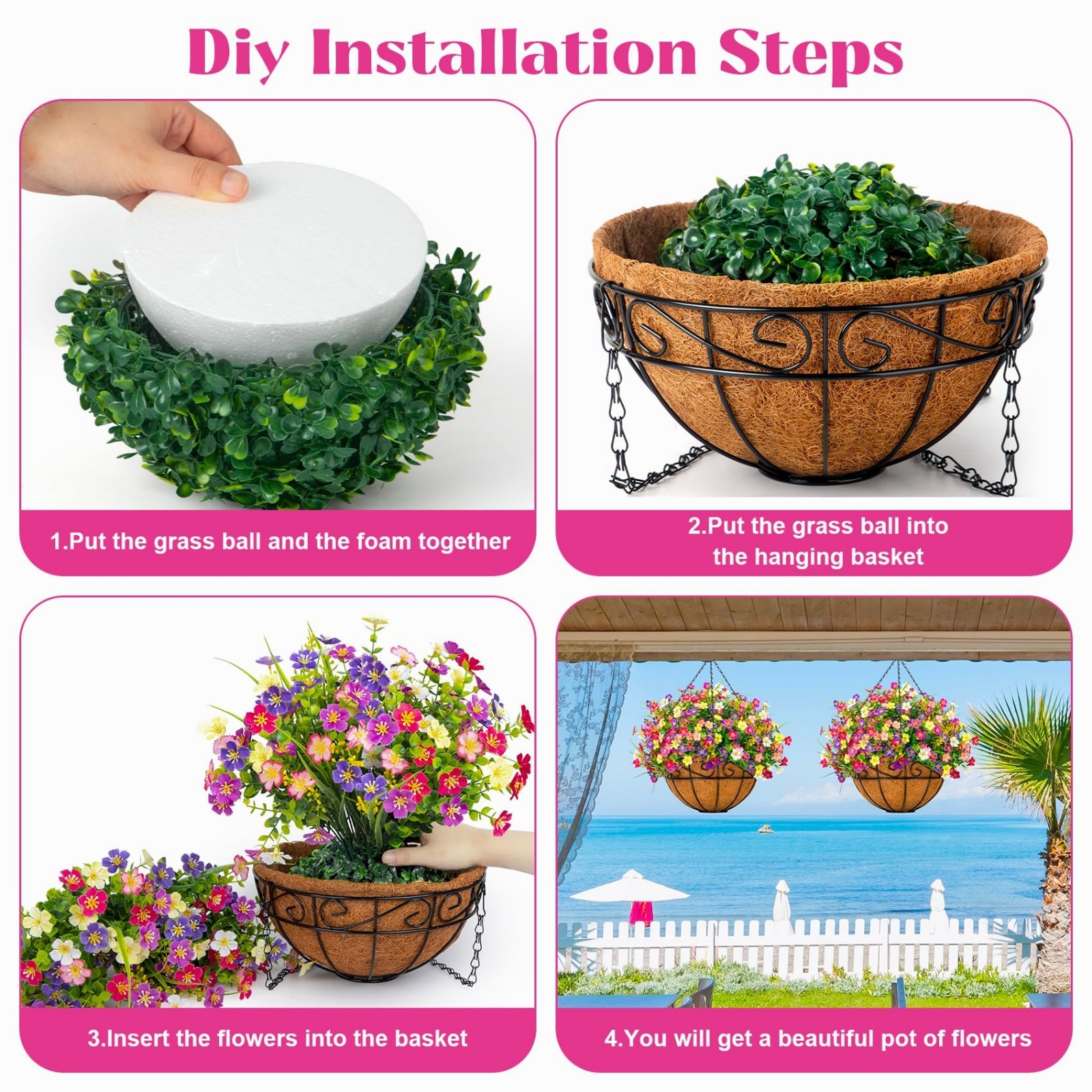 Faux Hanging Flowers in Coconut Basket – Vibrant Silk Plants for Outdoor Decor,