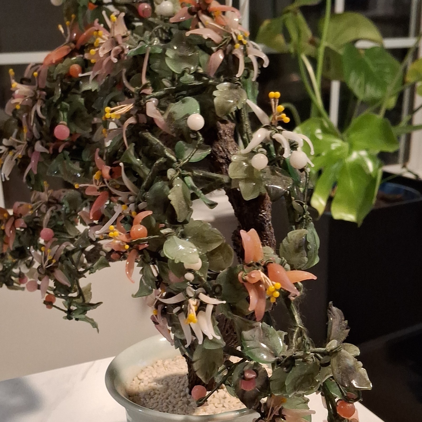 Vintage XLarge Chinese Jade Quartz Bonsai Tree Celadon 19×36” CHERRY Blossoms.