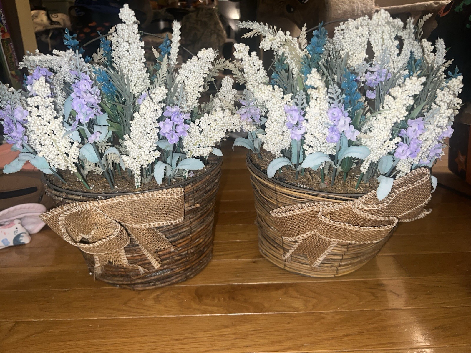 2 Farmhouse Artificial Lavender & Statice Flower Arrangement in Woven Baskets