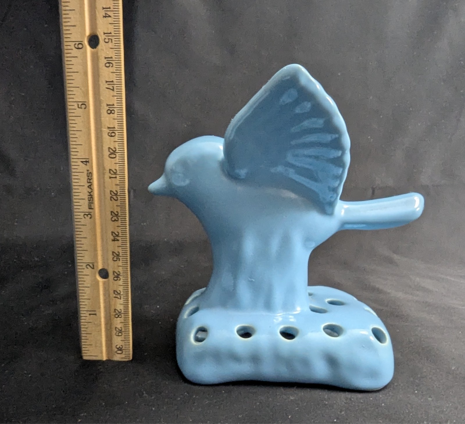 Vtg Camark Art Pottery Blue Shallow Bowl Planter & Bird Flower Frog Set (S4)