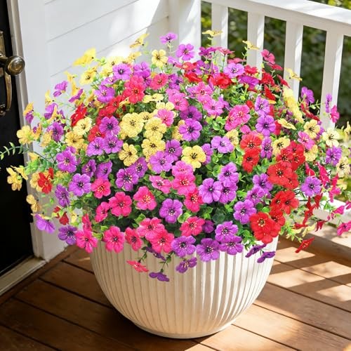 Artificial Flowers for Outdoors, Fake Faux Plants 12 Purple Red Yellow Hot Pink