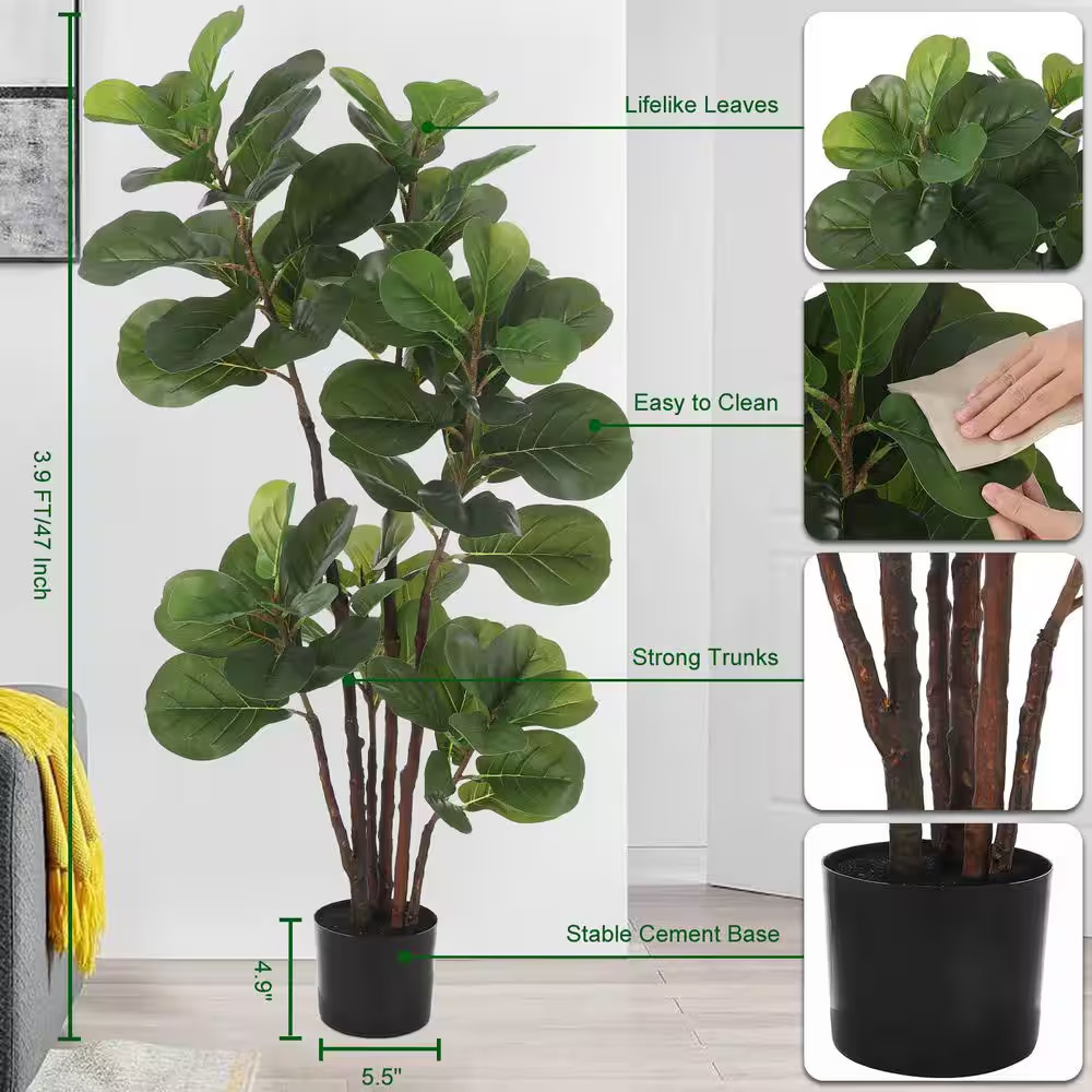 3 Ft. Artificial Fiddle Leaf Fig Tree in Black Pot, Artificial Ficus Lyrata Tree